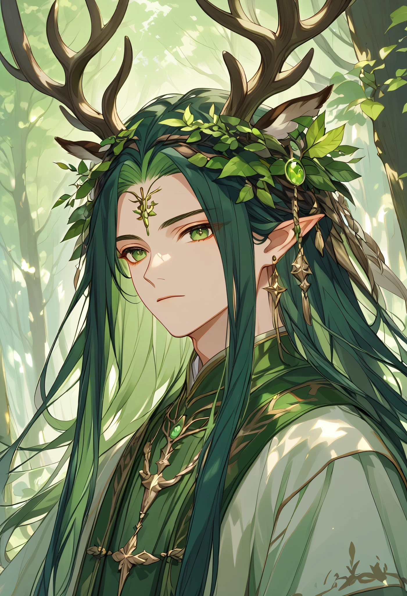 a single young man ,  long straight hair ,  dark green hair ,  forest god ,  dressed in medieval Druid clothes,  with two elk antlers on his head ,  pointed ears ,  green eyes, peaceful, quiet,  beautiful face, details of the forest , 