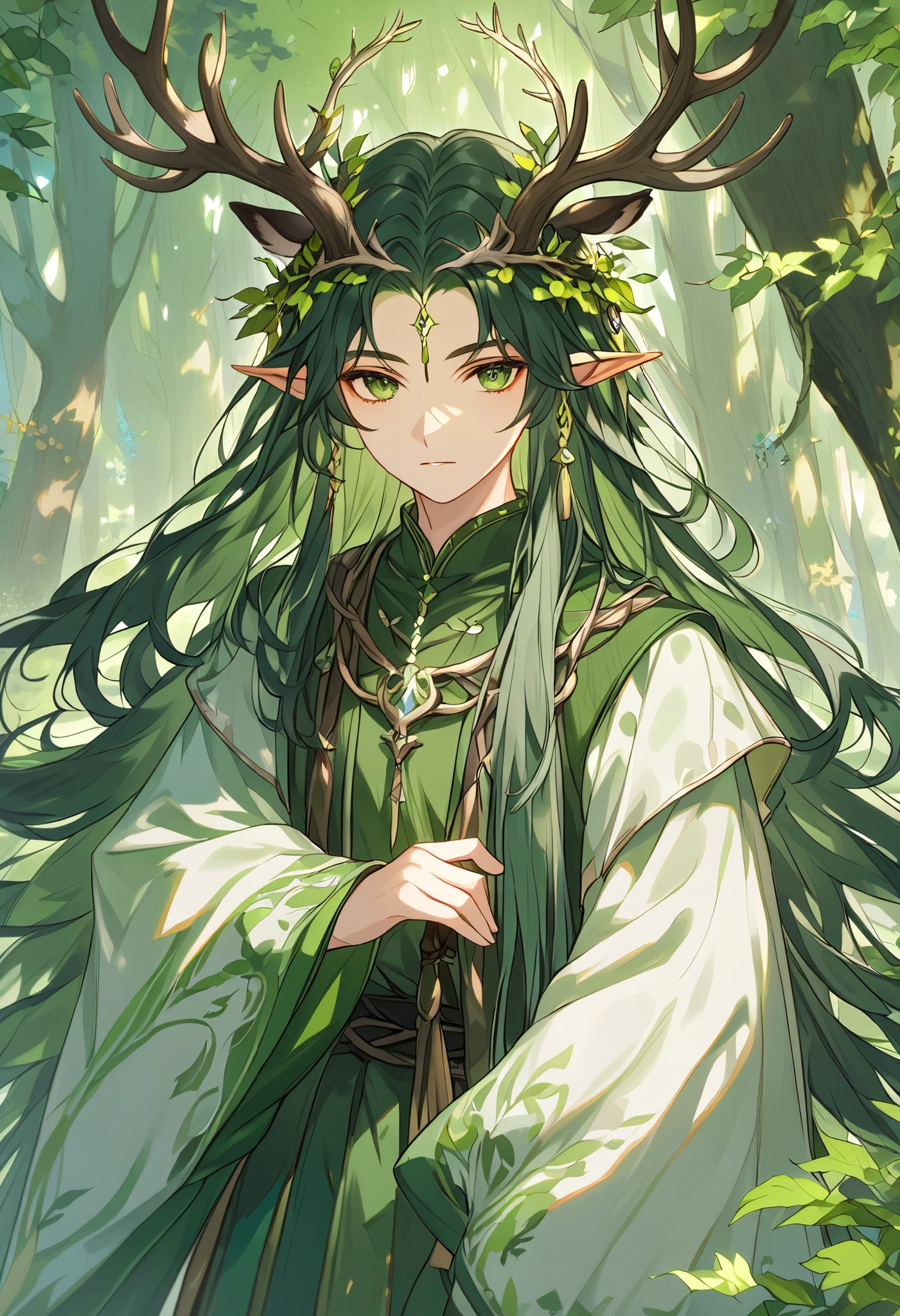 a single young man ,  long straight hair ,  dark green hair ,  forest god ,  dressed in medieval Druid clothes,  with two elk antlers on his head ,  pointed ears ,  green eyes, peaceful, quiet,  beautiful face, details of the forest , 