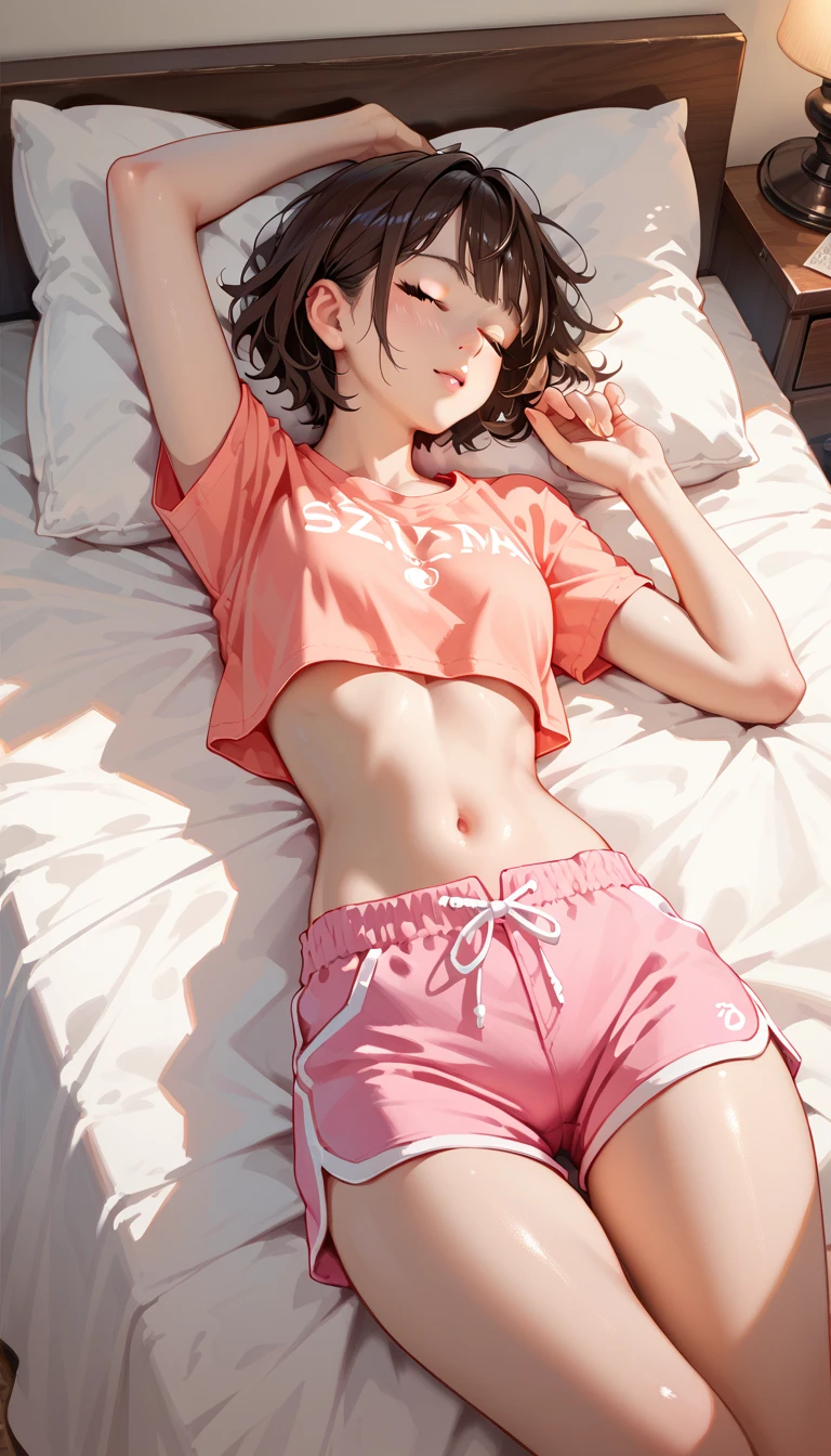 (masterpiece, highest quality), Bedroom, 1 girl, , , ,anatomically correct body, flat chest, (crop top), ((shorts with zipper removed)), (open fly), (kids panties), in a colorful Bedroom, lying on the bed, From above, morning, dazzling sunlight, white, bright colors, watercolor、short cut hair、Smile、(a lot of sweat)