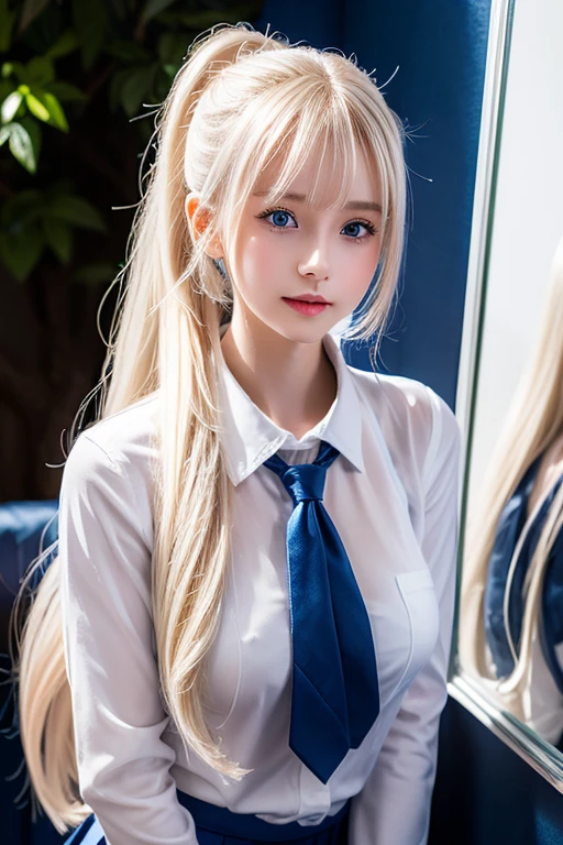  Portraits、 school uniform、Bright expression、 ponytail、 young shiny shiny white shiny skin 、Great looks、Blonde reflection、Platinum blonde hair with highlights、 shiny bright hair ,、Smooth, super long, straight hair、Shiny, beautiful bangs、 sparkling crystal clear charming big blue eyes、very beautiful lovely cute  girl 、Ample Bust