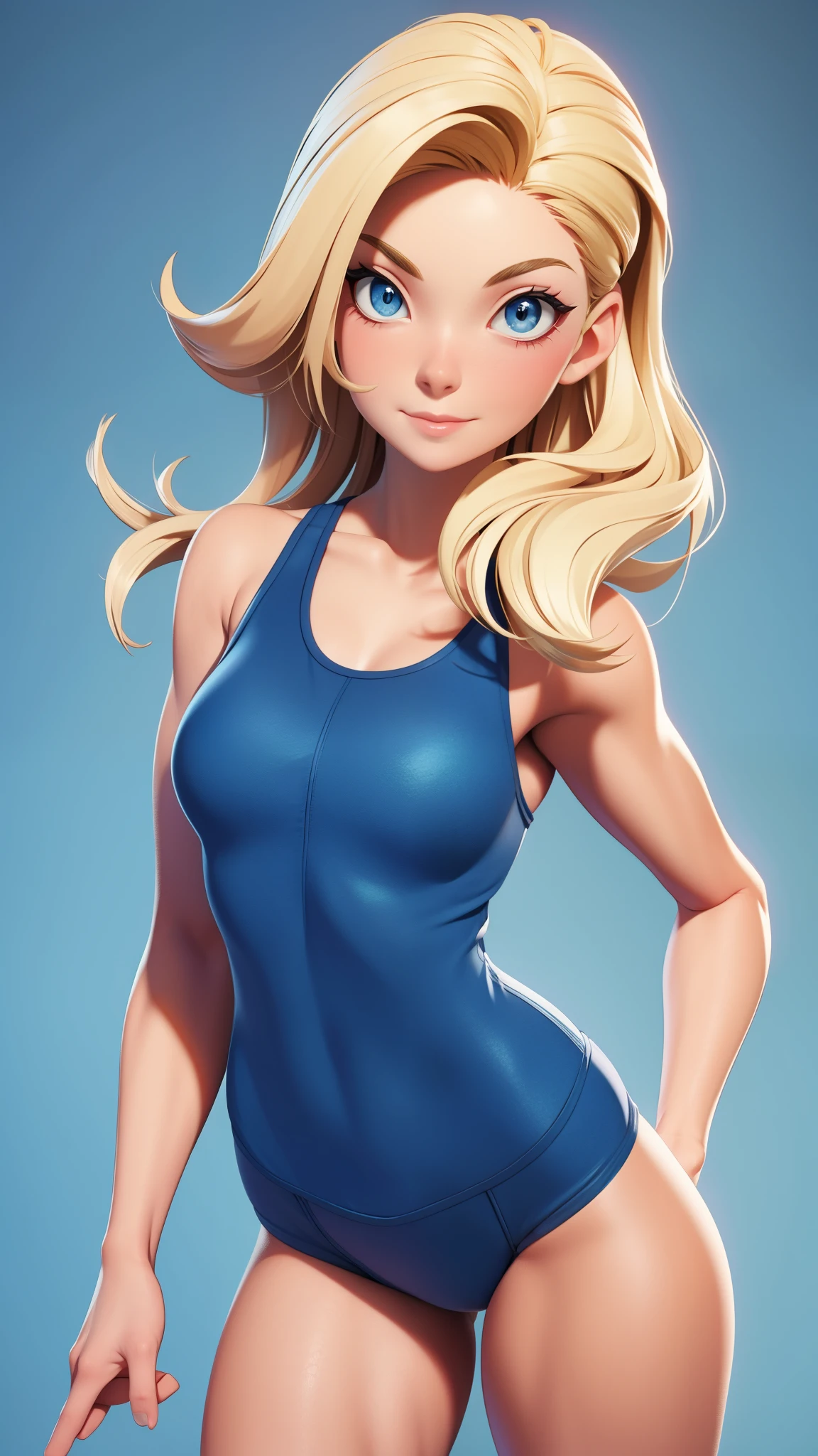 Hot blonde girl with short hair, blue colored eyes, wearing a A blue swimsuit with a long neckline showing the breasts, wearing transparent gray leggings,
