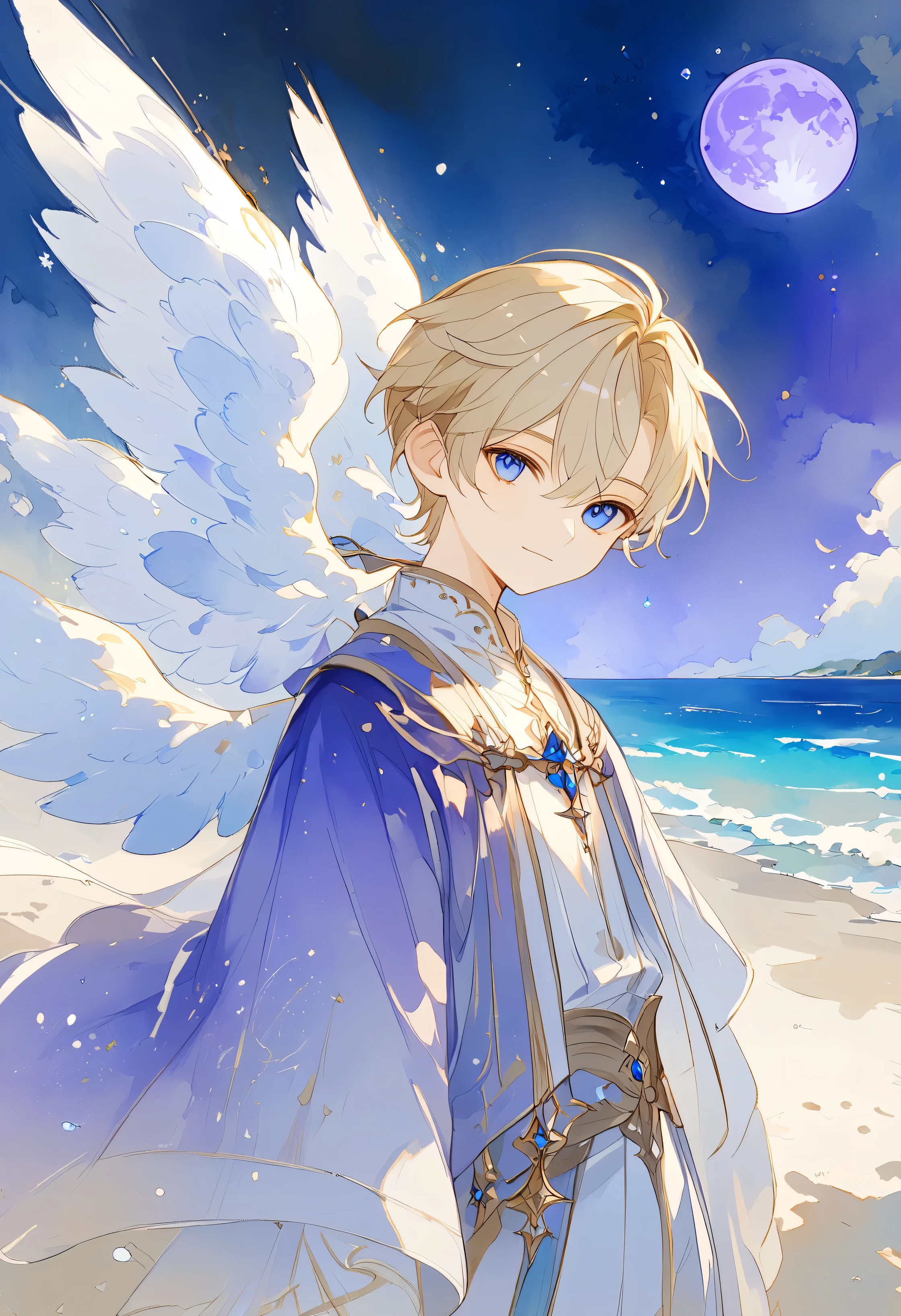 watercolor profile , A young angel man, Straight blonde hair,  blue eyes ,  white wings, Prince clothes , Medieval fantasy,  located in the lower right corner , low contrast watercolor , soft line ,  young man with a beautiful face , friendly, kind smile, cute,  extreme beauty , soft features, ethereal,  blue eyes , Blue eyes, Sitting on the beach by the sea,  observing a huge purple moon,  In the Starry Night 