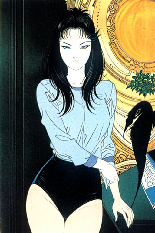 in style of Frank Miller,in style of Gary Grayson,in style of Quentin Blake,
1girl,indoors,long white dress,lie back on the couch,(relaxed body posture:1.5),long black hair,crossed_legs,
the background is a blue room with an orange false crescent,square windows,night,front view,(cowboy_shot:1.2),eyes_focus,(minimalist style illustration:1.4),(dynamic_pose:1.2),(fabric sofa:1.3),