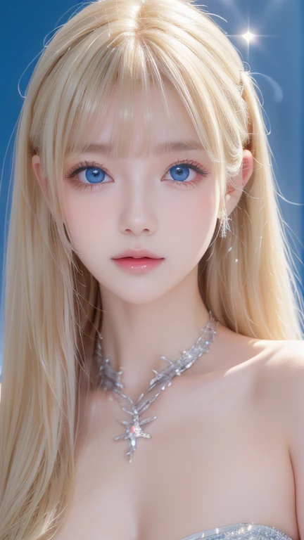  Portraits、 school uniform、Bright expression、 ponytail、 young shiny shiny white shiny skin 、Great looks、Blonde reflection、Platinum blonde hair with highlights、 shiny bright hair ,、Smooth, super long, straight hair、Shiny, beautiful bangs、 sparkling crystal clear charming big blue eyes、very beautiful lovely cute  girl 、Ample Bust