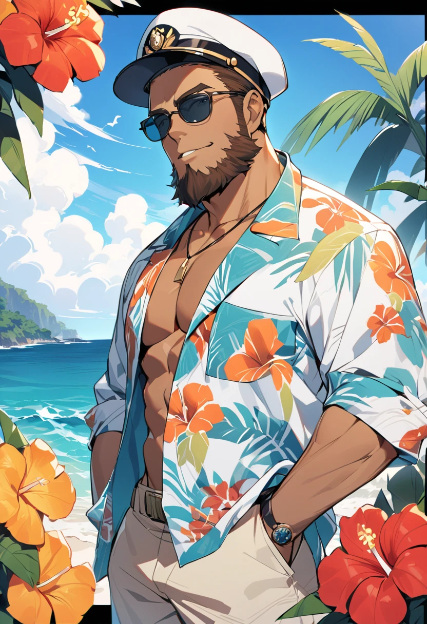 male, muscle, 1boy, big muscle, pectoral, muscular, Mature man,4 man,adult,1 man, old macho man,an extremely detailed face,(long hair,white hair,silver hair,nice hair style),(((white very short beard, silver very short beard,beard with elegant cut, square beard))),(((blue_eyes:1.3))),intricate eyes,beautiful detailed eyes,symmetrical eyes,thicc,((detailed face)),
Viking, barbarian,(open shirt, swim trunks,Aloha shirt,masculine features),((bulge in pants)),(((red clothes,red outfit,intricate outfit,intricate clothes,ornate outfit))),
(dynamic pose:1.0),smiley,(centered,scale to fit dimensions,Rule of thirds),
((Sky, Sea, clouds,)), with dark stormy clouds,((beach scenery,intricate scenery)),
(Glossy mexican ornaments),highres,sharp focus,(ultra detailed,extremely detailed),(photorealistic artwork:1.37),(extremely detailed CG unity 8k wallpaper),(((vibrant colors,vibrant theme))),(intricate),(masterpiece),(best quality),artistic photography,(photography taken by sldr),(intricate background),perfect rendered face,perfect face details,realistic face,photo realistic,((intricate detail)),(((realism))),