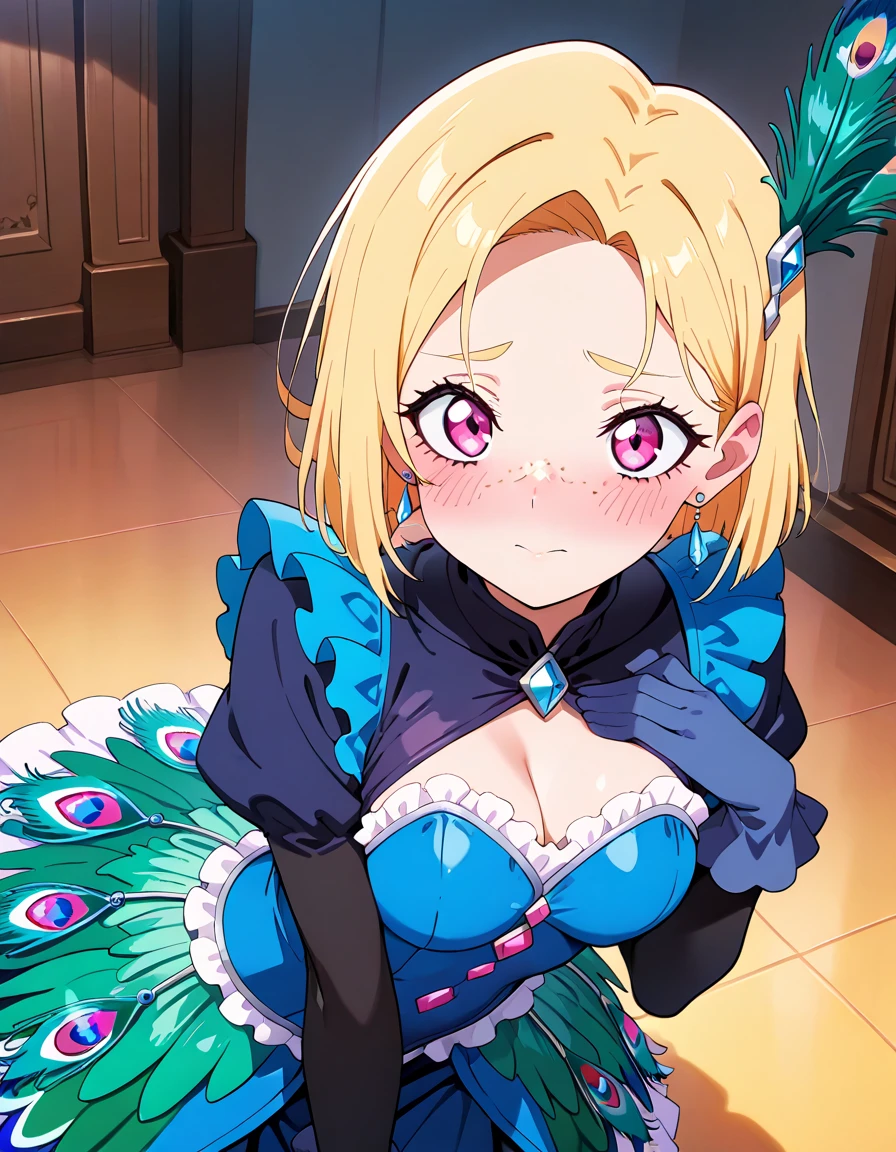 1girl, solo, masterpiece, best quality, (anime art style:1.0), blushing, long beautiful blonde hair, Peacock Feather Dress (XL), blue frilly gloves, pink eyes, light makeup, freckles, round breasts, cute girl, long sleeves, diamond blue earrings