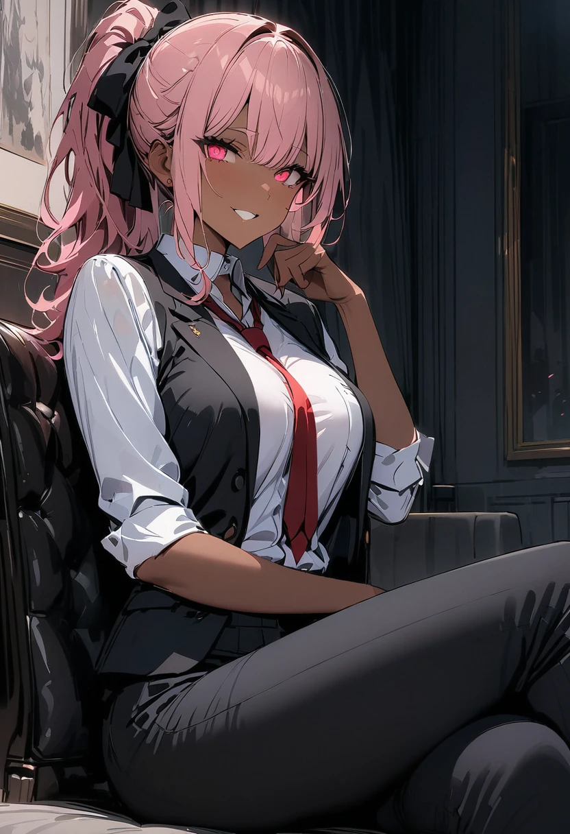 { - anatomy error} , ((Best Quality)), ((masterpiece)), (detailed), score_9,score_8_up,score_7_up,ultra detailed,,masterpiece,best quality, detailed beautiful face and eyes, perfect body, perfect hands, perfect fingers, 1 woman,  pink hair, ponytail, dark skin, She is wearing a dark two-piece suit (jacket and pants) with a fitted and elegant design. She wears a white shirt under the jacket, combined with a thin tie in dark tones that complements the formal style. She is wearing a black fedora-type hat with a decorative ribbon in gray tones and a bow on one side, gloves, formal shoes, ((authoritative pose)), her face is not seen due to the mask she is wearing with a big smile, the background is an opera.