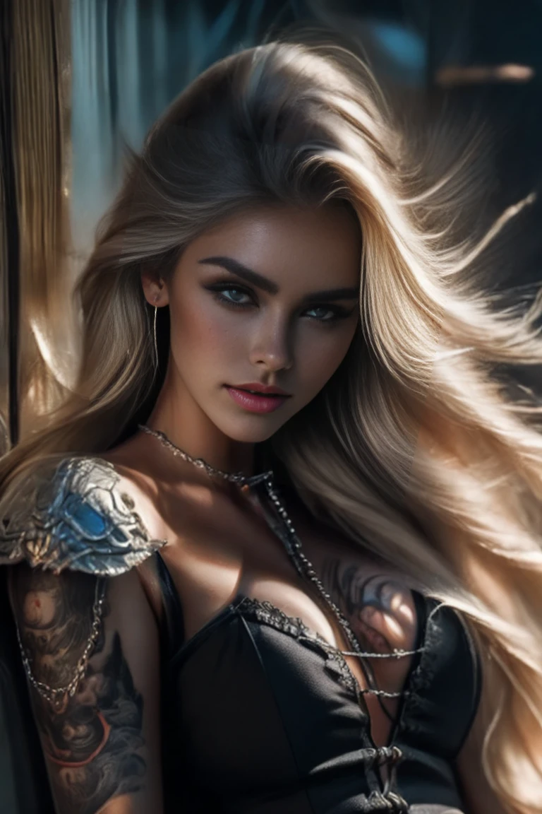 Blonde with long hair, dark angel in a post-apocalyptic world