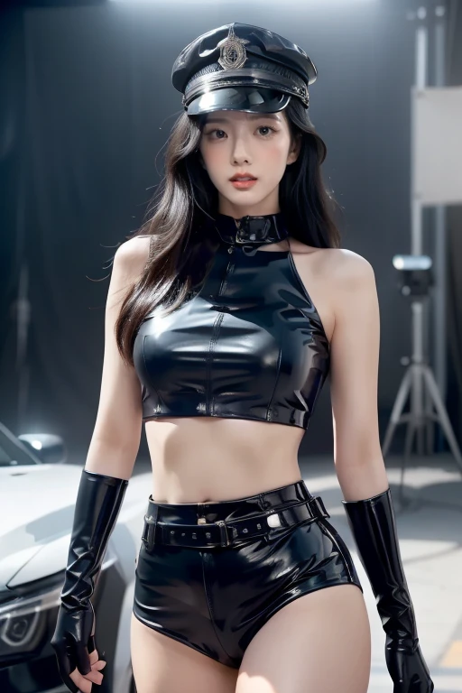 a beautiful young asian woman,long flowing hair,black latex croptop,black shorts,black elbow gloves,thigh-high black boots,police hat,detailed face,high quality,photorealistic,8k,masterpiece,professional,studio lighting,ultra-detailed,extremely detailed facial features,extremely detailed eyes and face,beautiful detailed eyes,beautiful detailed lips,realistic,cinematic lighting,dramatic lighting,stunning,breathtaking,elegant,graceful,powerful,badass