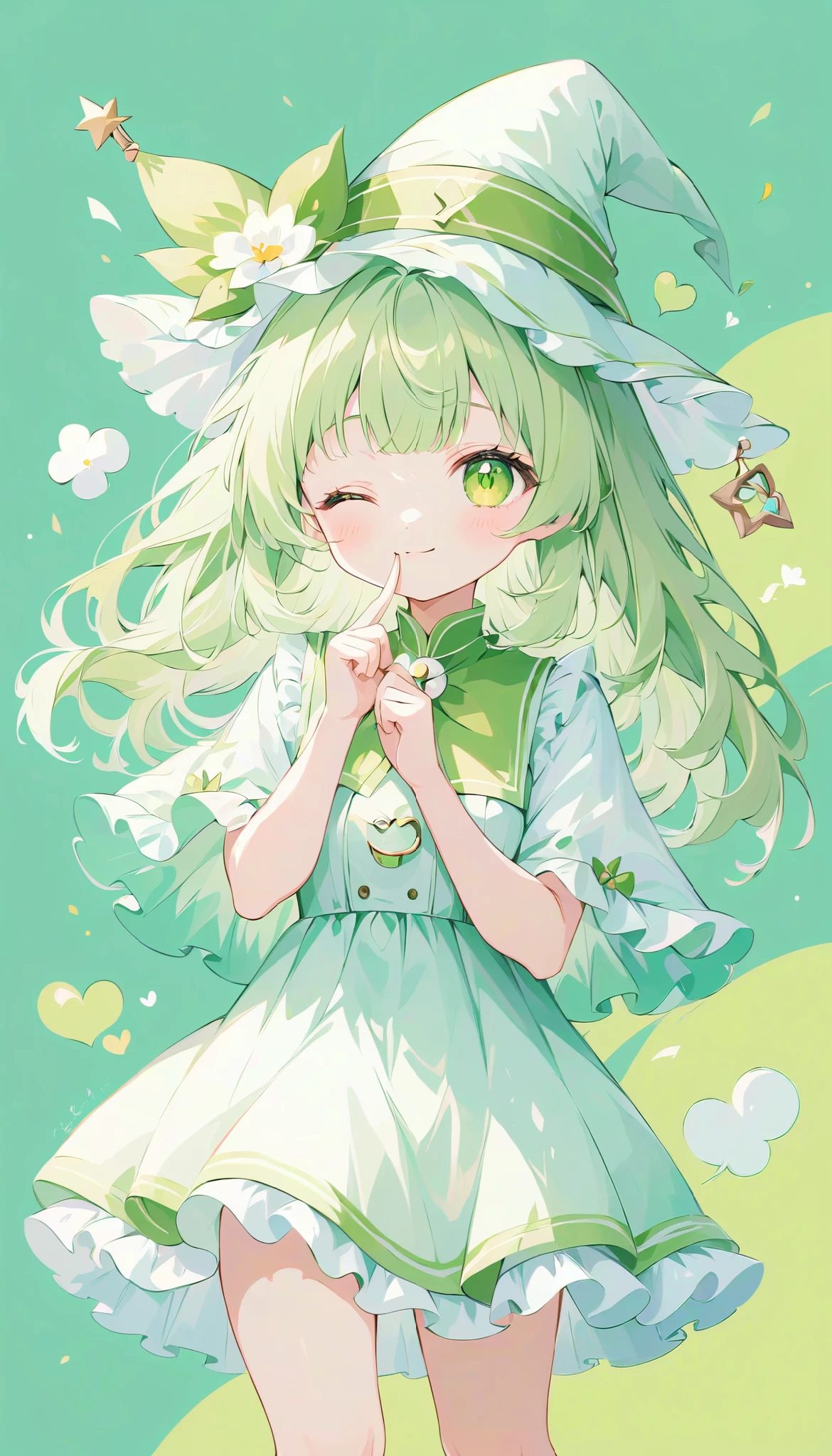  high definition ,  medium chest , one eye closed, light smile, light green hair, shushing, choppy bangs,  eyes symbol ,  cute background,  anime style, whole body, wizard hat