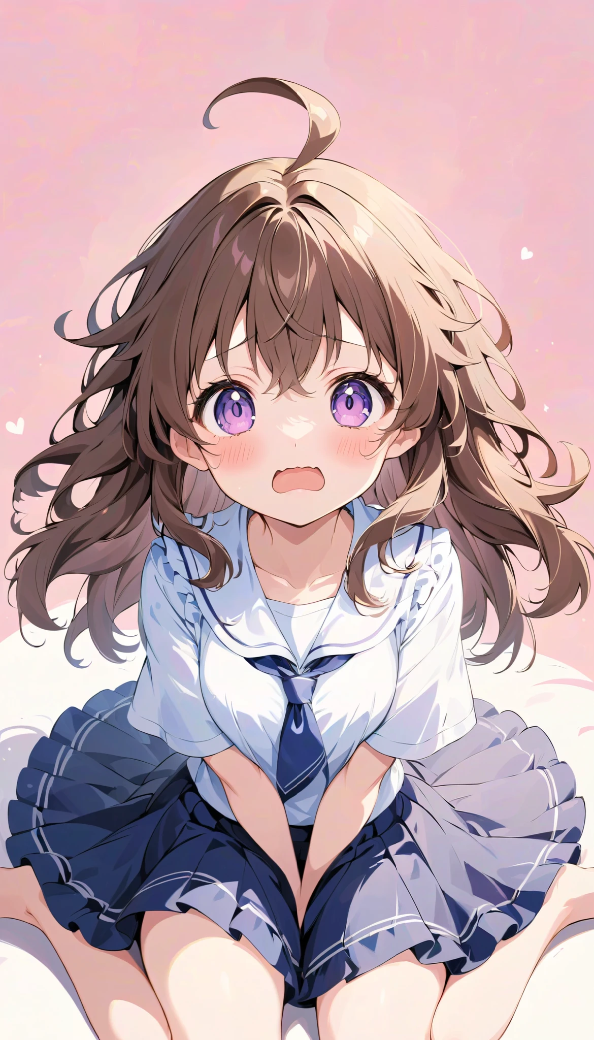  high definition ,  medium chest , @ @, flustered, brown hair, wavy mouth, blush, hair between eyes, Bukabuka school run,  eyes symbol ,  wariza,  cute background,  anime style, whole body,from above