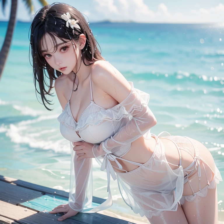 （ realistic 、 realistic ：1.37），（8k,raw, top quality，Harvest a masterpiece of ：1.2）， super high resolution、Wet body､No underwear､(((Extremely transparent wet off-the-shoulder lace skinny top with pure white shoulder straps､ protruding underbust )))，(((Pure White Extremely Sheer Wet Lace Mini Skirt 、Buttocks peeking out of the hem )))，（（（wet big boobs）））、（（（Beautiful wet breasts）））、（（ Wet Big Butts ）））､(((Summer beach､Water&#39;s Edge)))､ attractive woman､ high-definition face 、Random hair color､ Delicate Details and Subtle Sparkle 、 double eyelids 、 Underbust 、 shoot in poses reflecting both bewitching and cuteness 、 enhance visual effects with cinematic lighting 、Make something beautiful、 balanced composition ． depth of field、 bloom effect 、And a touch of sparkle、 Two Beautiful Women Intertwine Naked Body 。 details、