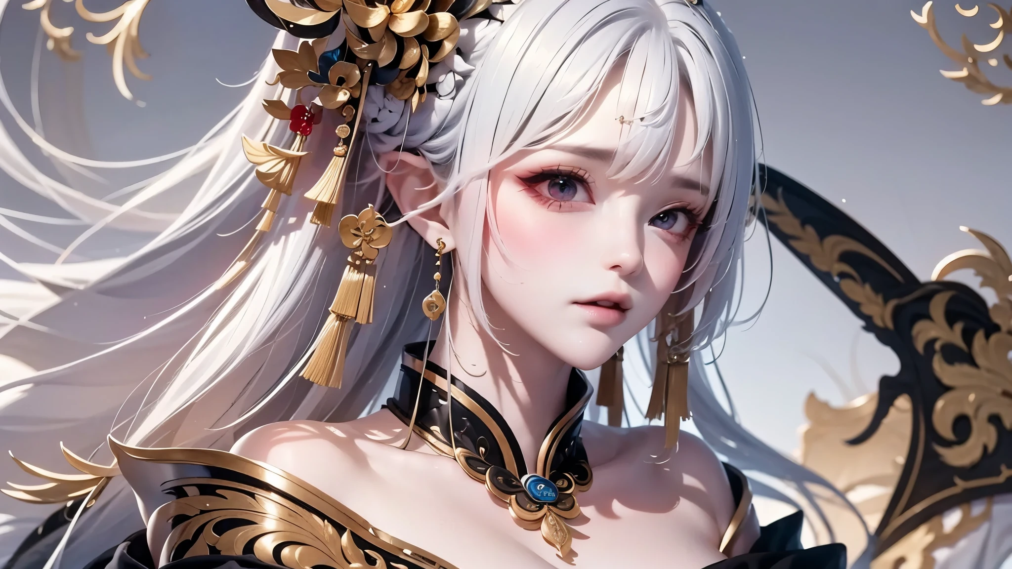 super high quality, masterpiece, Perfect illustration, Very detailed:1.6, 1girl, 23 years old, cute girl, white hair, sharp and big beautiful eyes, medium breasts, bright skin. fantasy royalty, onmyoji, majesty, asian dress. black and gold clothes. simple background, white background. hanbok、Chinese royal clothing、Chinese samurai
