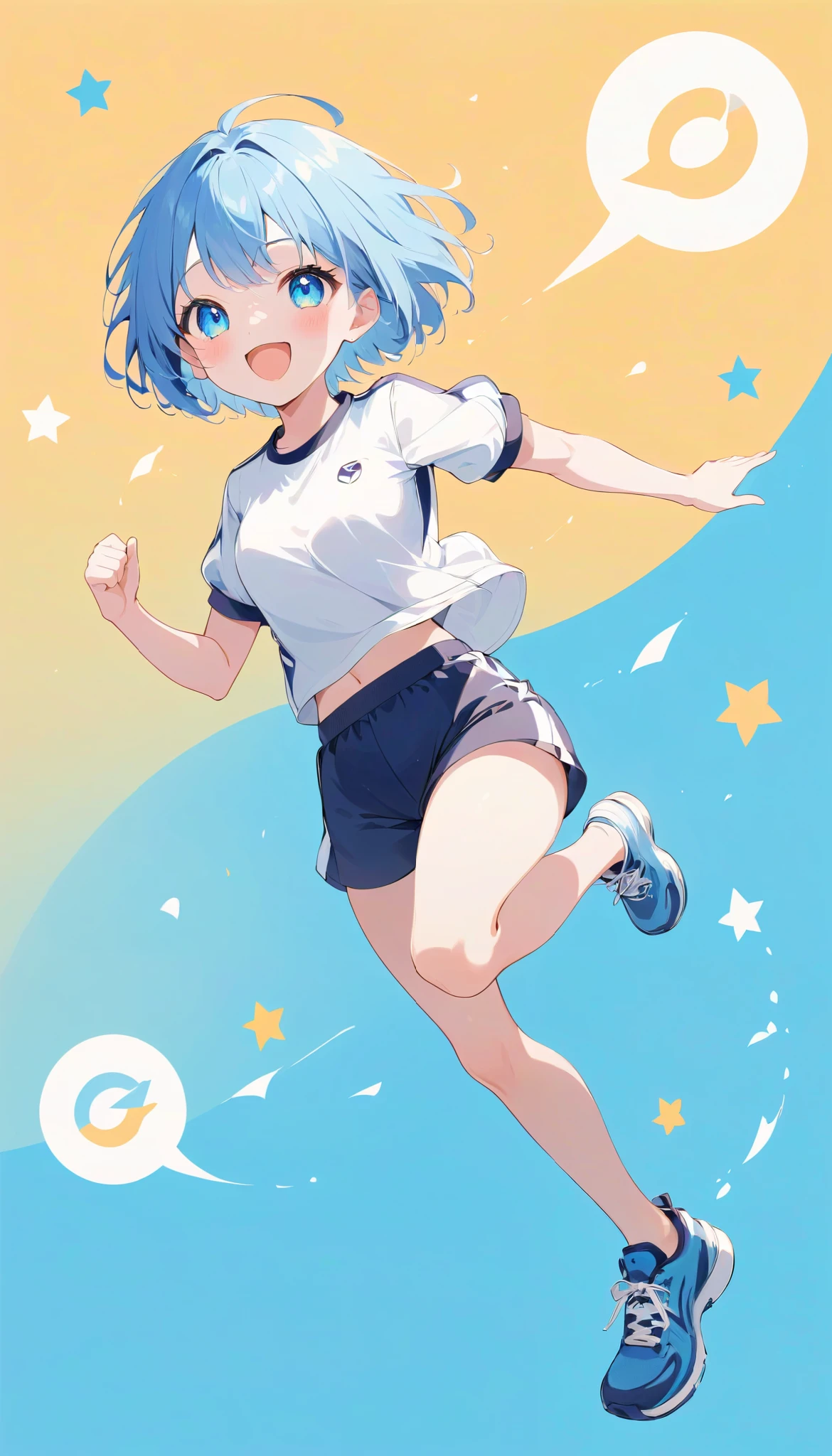  high definition ,  medium chest , smile, laughing, blue hair, very short hair, running,  eyes symbol ,  cute background,  anime style, whole body, gym uniform,  dynamic pose, from front