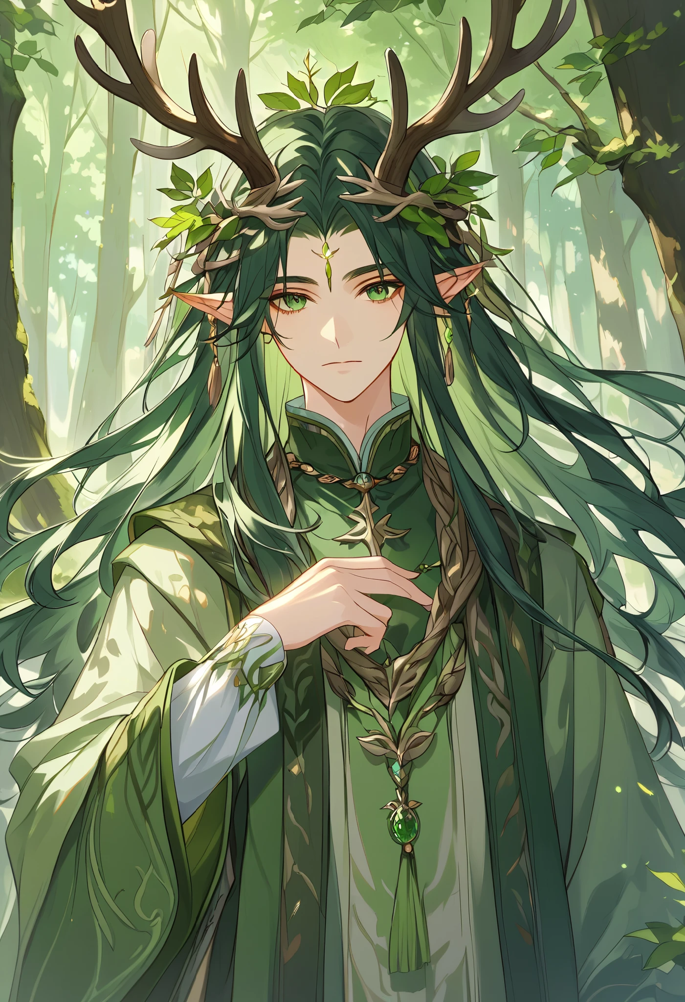 a single young man ,  long straight hair ,  dark green hair ,  forest god ,  dressed in medieval Druid clothes,  with two elk antlers on his head ,  pointed ears ,  green eyes, peaceful, quiet,  beautiful face, details of the forest , 