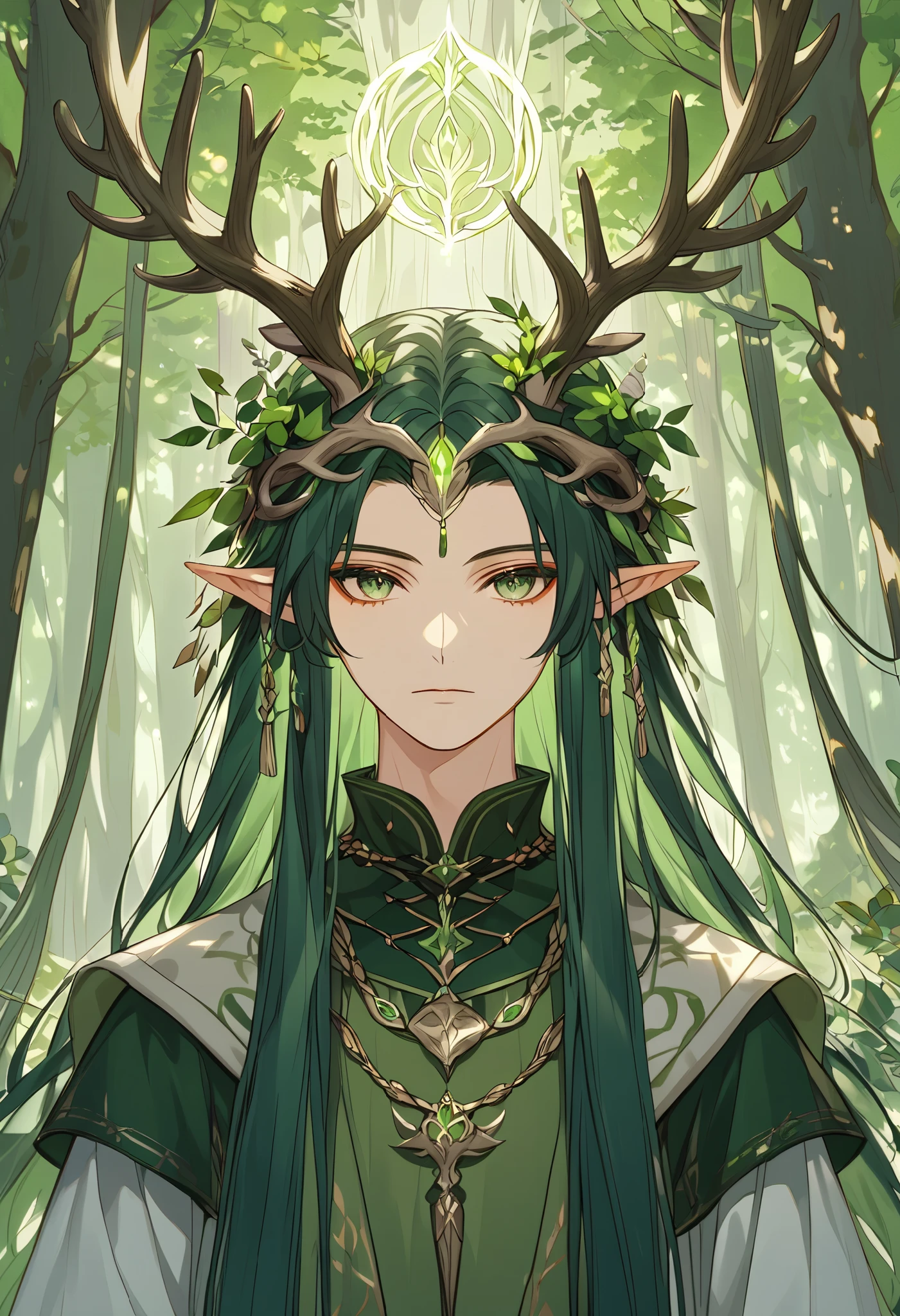 a single young man ,  long straight hair ,  dark green hair ,  forest god ,  dressed in medieval Druid clothes,  with two elk antlers on his head ,  pointed ears ,  green eyes, peaceful, quiet,  beautiful face, details of the forest , 