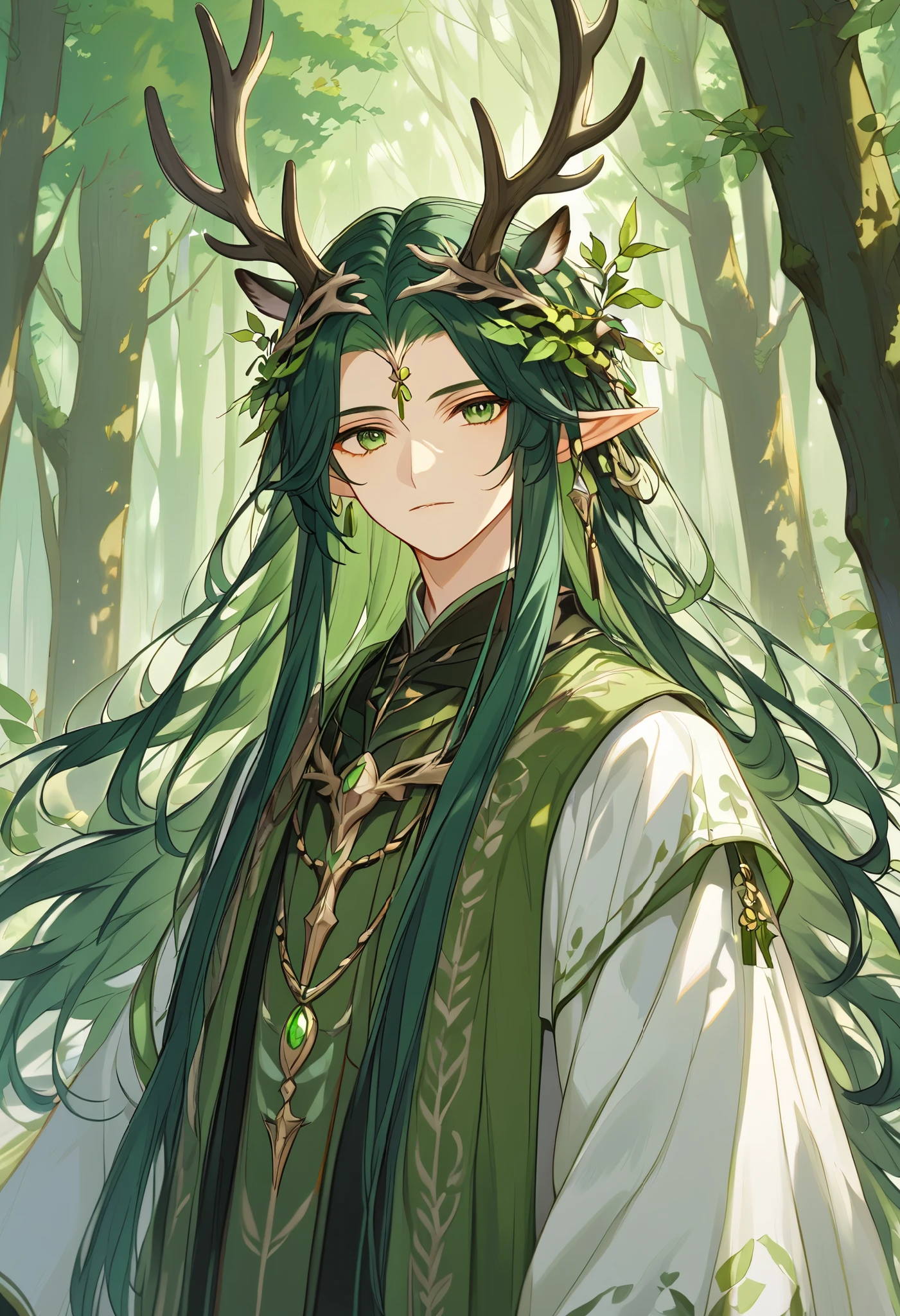 a single young man ,  long straight hair ,  dark green hair ,  forest god ,  dressed in medieval Druid clothes,  with two elk antlers on his head ,  pointed ears ,  green eyes, peaceful, quiet,  beautiful face, details of the forest , 