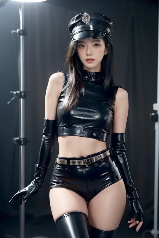 a beautiful young asian woman,long flowing hair,black latex croptop,black shorts,black elbow gloves,thigh-high black boots,police hat,detailed face,high quality,photorealistic,8k,masterpiece,professional,studio lighting,ultra-detailed,extremely detailed facial features,extremely detailed eyes and face,beautiful detailed eyes,beautiful detailed lips,realistic,cinematic lighting,dramatic lighting,stunning,breathtaking,elegant,graceful,powerful,badass, sexy pose