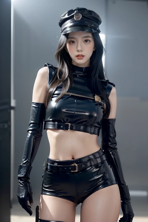 a beautiful young asian woman,long flowing hair,black latex croptop,black shorts,black elbow gloves,thigh-high black boots,police hat,detailed face,high quality,photorealistic,8k,masterpiece,professional,studio lighting,ultra-detailed,extremely detailed facial features,extremely detailed eyes and face,beautiful detailed eyes,beautiful detailed lips,realistic,cinematic lighting,dramatic lighting,stunning,breathtaking,elegant,graceful,powerful,badass, sexy pose