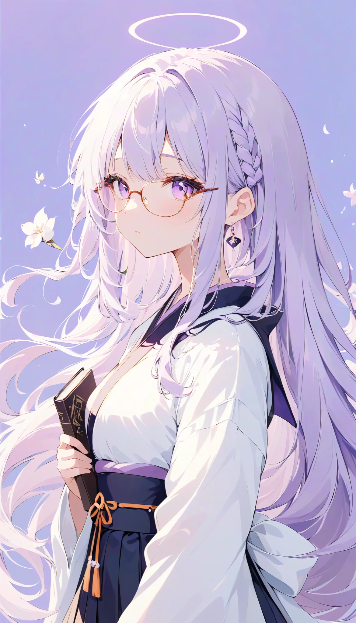  high definition ,  medium chest , holding books, half-closed eyes, light purple hair, very long hair, low-braided long hair, hakama, bespectacled,  eyes symbol ,  cute background, Light purple background,  anime style, from side