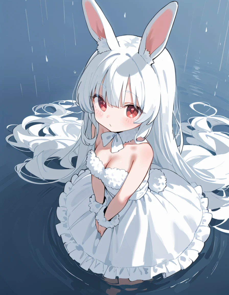 Alone, 1 girl in uniform\((Chibi:1.3),cute,Cute, little ,( white hair :1.7),(  very long hair  :1.7),bangs,(\(fluffy white bunny-\):1.4),( red eyes), Big Eye,Beautiful sparkling eyes,Skin color is white, big hair bow ,( white ruffle dress :1.3),chest,White rabbit tail on the waist \), break ,background\( in a dim park with rain \), quality\(8k,非常に詳細なCGユニットのwallpaperを着用する, ​masterpiece,  high definition , top-quality, top-quality real texture skin,  surrenders,   The resolution increases when there are many footprints of {x},  RAW photo, best quality,  high definition, wallpaper, Golden Ratio\),,d4rkpurp, dynamic angle