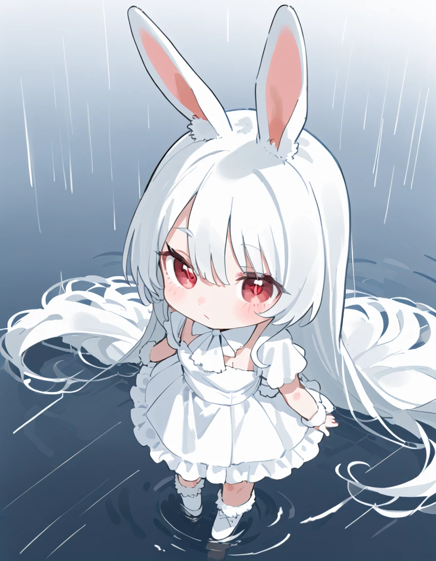 Alone, 1 girl in uniform\((Chibi:1.3),cute,Cute, little ,( white hair :1.7),(  very long hair  :1.7),bangs,(\(fluffy white bunny-\):1.4),( red eyes), Big Eye,Beautiful sparkling eyes,Skin color is white, big hair bow ,( white ruffle dress :1.3),chest,White rabbit tail on the waist \), break ,background\( in a dim park with rain \), quality\(8k,非常に詳細なCGユニットのwallpaperを着用する, ​masterpiece,  high definition , top-quality, top-quality real texture skin,  surrenders,   The resolution increases when there are many footprints of {x},  RAW photo, best quality,  high definition, wallpaper, Golden Ratio\),,d4rkpurp, dynamic angle