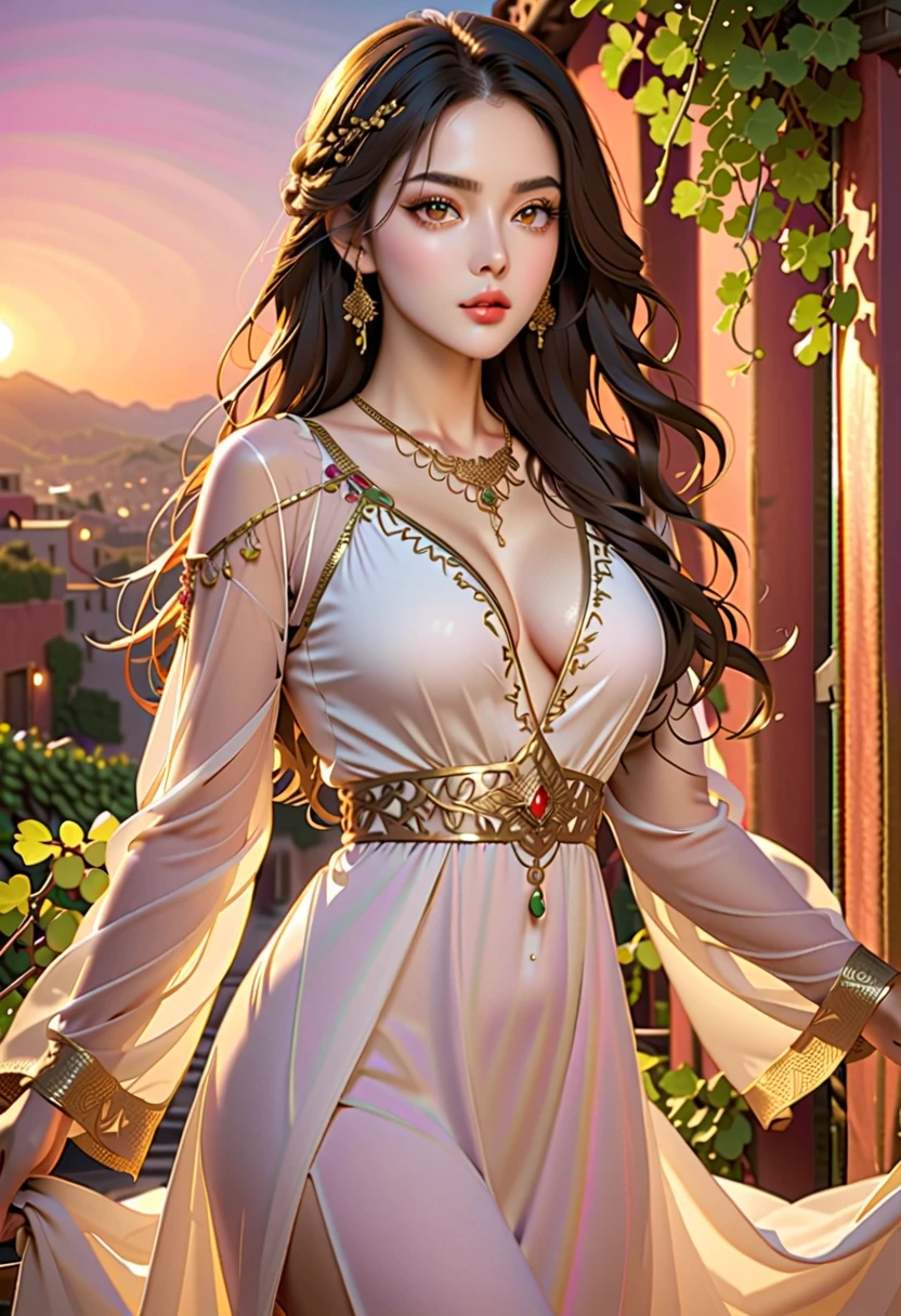 The scene depicts a stunning Renaissance setting, reminiscent of the masterpieces of the great masters of the time. A majestic and richly decorated hall, illuminated by golden chandeliers that cast a soft, diffused light on the ornate furniture and intricate tapestries that adorn the walls. Ao fundo, an arched window reveals a picturesque setting of a country landscape, banhada pela luz dourada do sol poente.

In the center of the hall, a female figure of transcendental beauty is depicted in a state of serene contemplation. She is dressed in stunning Renaissance attire, com tecidos ricos e cores vibrantes que contrastam com a suavidade de sua pele e a pureza de seu semblante. Seus cabelos longos e ondulados caem em cascata sobre seus ombros, enquadrando seu rosto angelical com uma aura de esplendor divino.

Ao seu redor, an atmosphere of stillness and reverence hangs in the air, as if time itself were suspended in that moment of ethereal and transcendental beauty. Cada detalhe da cena, from the smallest ornaments to the serene expression of the central figure, is a celebration of the harmony and perfection that characterize Renaissance art.

Technique Suggestions:

Utilize oil painting techniques to create a rich, vibrant color palette, capturing the luminosity and depth characteristic of Renaissance works.
Pay attention to the details and texture of materials, from the fabrics of the clothes to the metals of the chandeliers and the decorative ornaments in the hall.
Experiment with light and shadow techniques to create a sense of volume and depth in the figure and elements in the scene, drawing inspiration from the classic techniques of Renaissance masters.
Pay attention to the anatomical and facial details of the central figure, capturing the delicacy of her features and the calm expression of her face.
Resultado Final:

The result is a stunning work of art that transports the viewer to opulent halls and landscapes.
