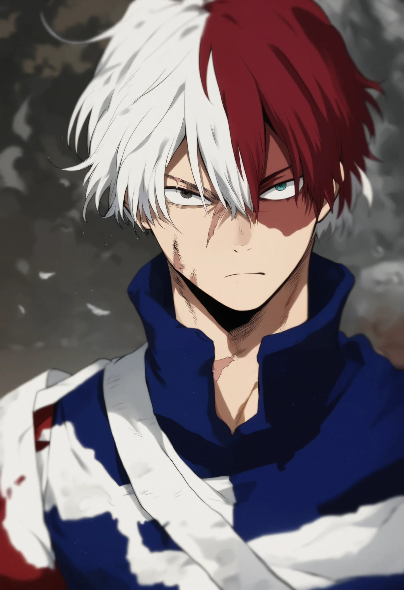 score_9, score_8_up, score_7_up, score_6_up, score_5_up, score_4_up, BREAK source_anime, (best quality:1.1), (masterpiece:1.4), looking at viewer, upper body, depth of field, 1boy, solo, male focus, shouto_todoroki, white hair, red hair, , two-tone hair, split-color hair, multicolored hair, bangs, hair between eyes, scar, scar on face, burn scar,
