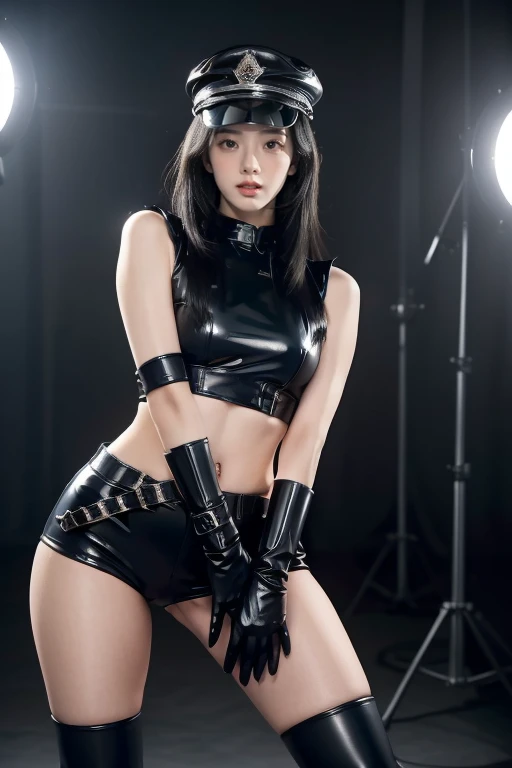 a beautiful young asian woman,long flowing hair,black latex croptop,black shorts,black elbow gloves,thigh-high black boots,police hat,detailed face,high quality,photorealistic,8k,masterpiece,professional,studio lighting,ultra-detailed,extremely detailed facial features,extremely detailed eyes and face,beautiful detailed eyes,beautiful detailed lips,realistic,cinematic lighting,dramatic lighting,stunning,breathtaking,elegant,graceful,powerful,badass, sexy pose