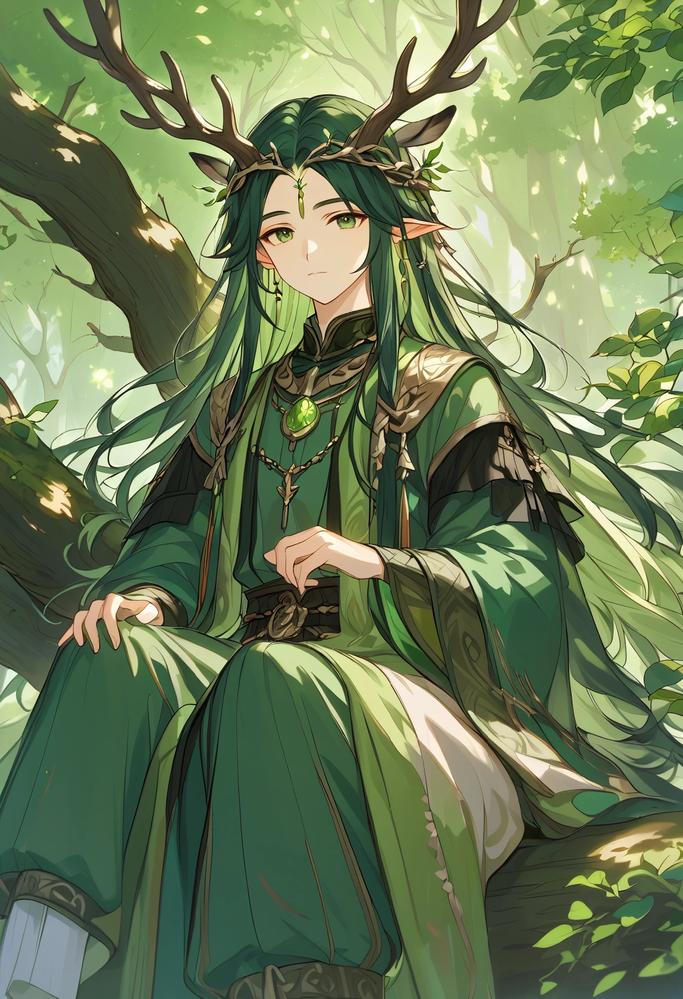 a single young man ,  long straight hair ,  dark green hair ,  forest god ,  dressed in medieval Druid clothes,  with two elk antlers on his head ,  pointed ears ,  green eyes, peaceful, quiet,  beautiful face, details of the forest ,, Sitting on a tree branch