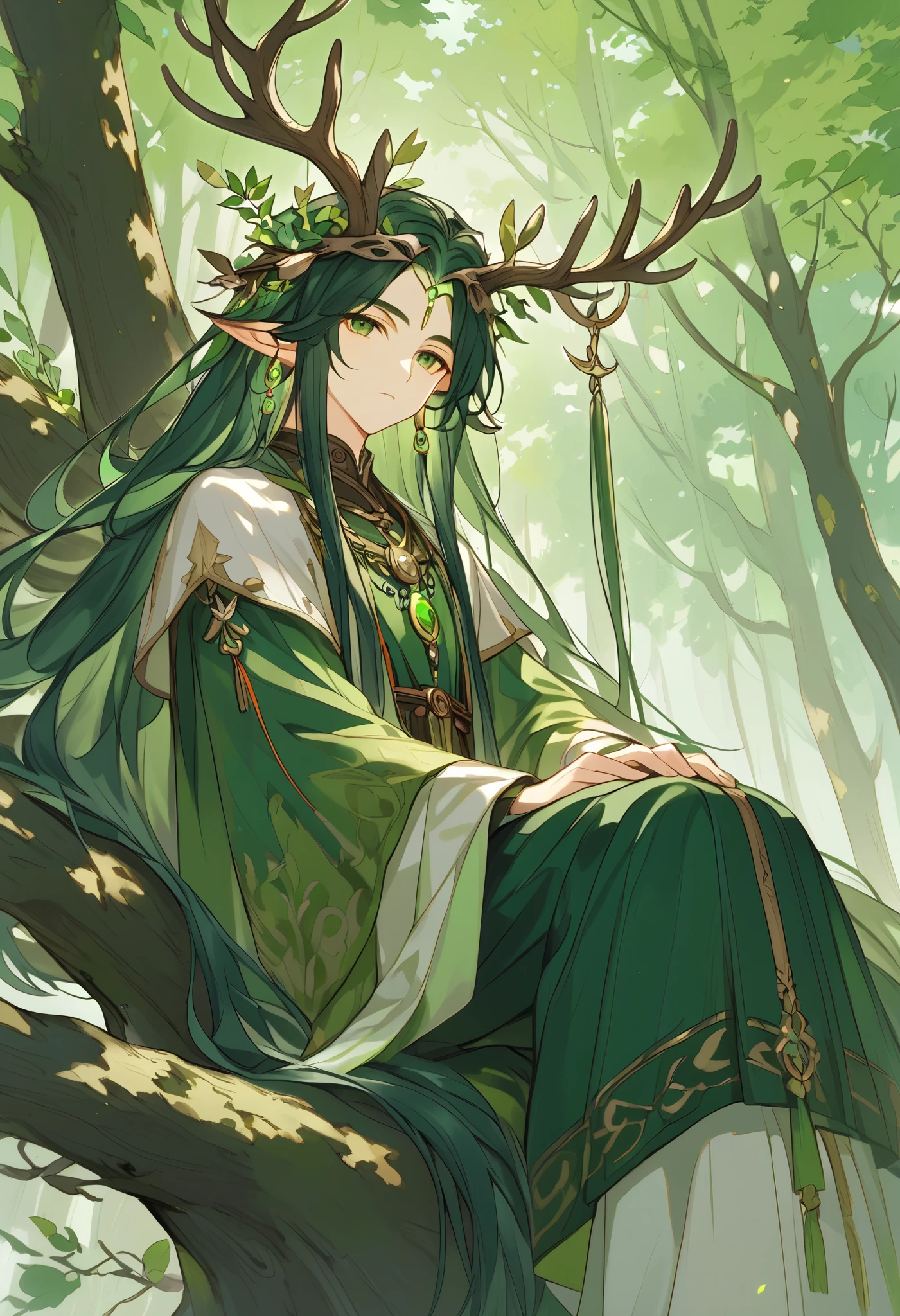 a single young man ,  long straight hair ,  dark green hair ,  forest god ,  dressed in medieval Druid clothes,  with two elk antlers on his head ,  pointed ears ,  green eyes, peaceful, quiet,  beautiful face, details of the forest ,, Sitting on a tree branch