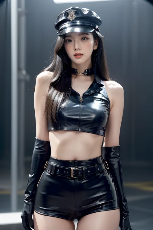 a beautiful young asian woman,long flowing hair,black latex croptop,black shorts,black elbow gloves,thigh-high black boots,police hat,detailed face,high quality,photorealistic,8k,masterpiece,professional,studio lighting,ultra-detailed,extremely detailed facial features,extremely detailed eyes and face,beautiful detailed eyes,beautiful detailed lips,realistic,cinematic lighting,dramatic lighting,stunning,breathtaking,elegant,graceful,powerful,badass, sexy pose, showing ass