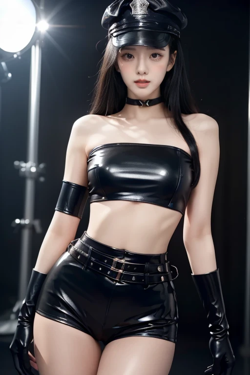 a beautiful young asian woman,long flowing hair,black latex croptop,black shorts,black elbow gloves,thigh-high black boots,police hat,detailed face,high quality,photorealistic,8k,masterpiece,professional,studio lighting,ultra-detailed,extremely detailed facial features,extremely detailed eyes and face,beautiful detailed eyes,beautiful detailed lips,realistic,cinematic lighting,dramatic lighting,stunning,breathtaking,elegant,graceful,powerful,badass, sexy pose, showing ass