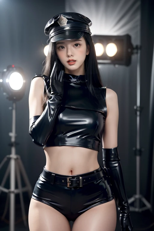 a beautiful young asian woman,long flowing hair,black latex croptop,black shorts,black elbow gloves,thigh-high black boots,police hat,detailed face,high quality,photorealistic,8k,masterpiece,professional,studio lighting,ultra-detailed,extremely detailed facial features,extremely detailed eyes and face,beautiful detailed eyes,beautiful detailed lips,realistic,cinematic lighting,dramatic lighting,stunning,breathtaking,elegant,graceful,powerful,badass, sexy pose