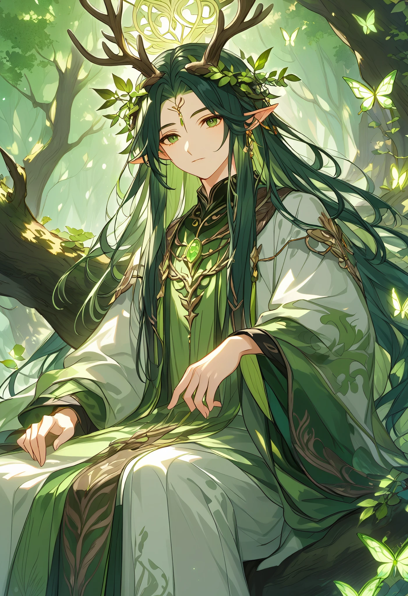 a single young man ,  long straight hair ,  dark green hair ,  forest god ,  dressed in medieval Druid clothes,  with two elk antlers on his head ,  pointed ears ,  green eyes, peaceful, quiet,  beautiful face, details of the forest ,, Sitting on a tree branch, surrounded by luminous fairy butterflies 