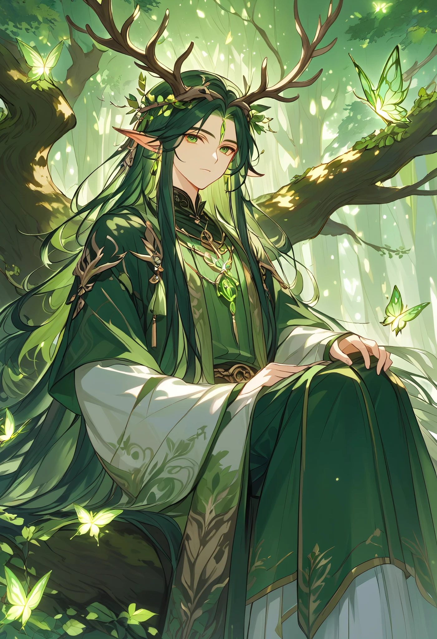 a single young man ,  long straight hair ,  dark green hair ,  forest god ,  dressed in medieval Druid clothes,  with two elk antlers on his head ,  pointed ears ,  green eyes, peaceful, quiet,  beautiful face, details of the forest ,, Sitting on a tree branch, surrounded by luminous fairy butterflies 