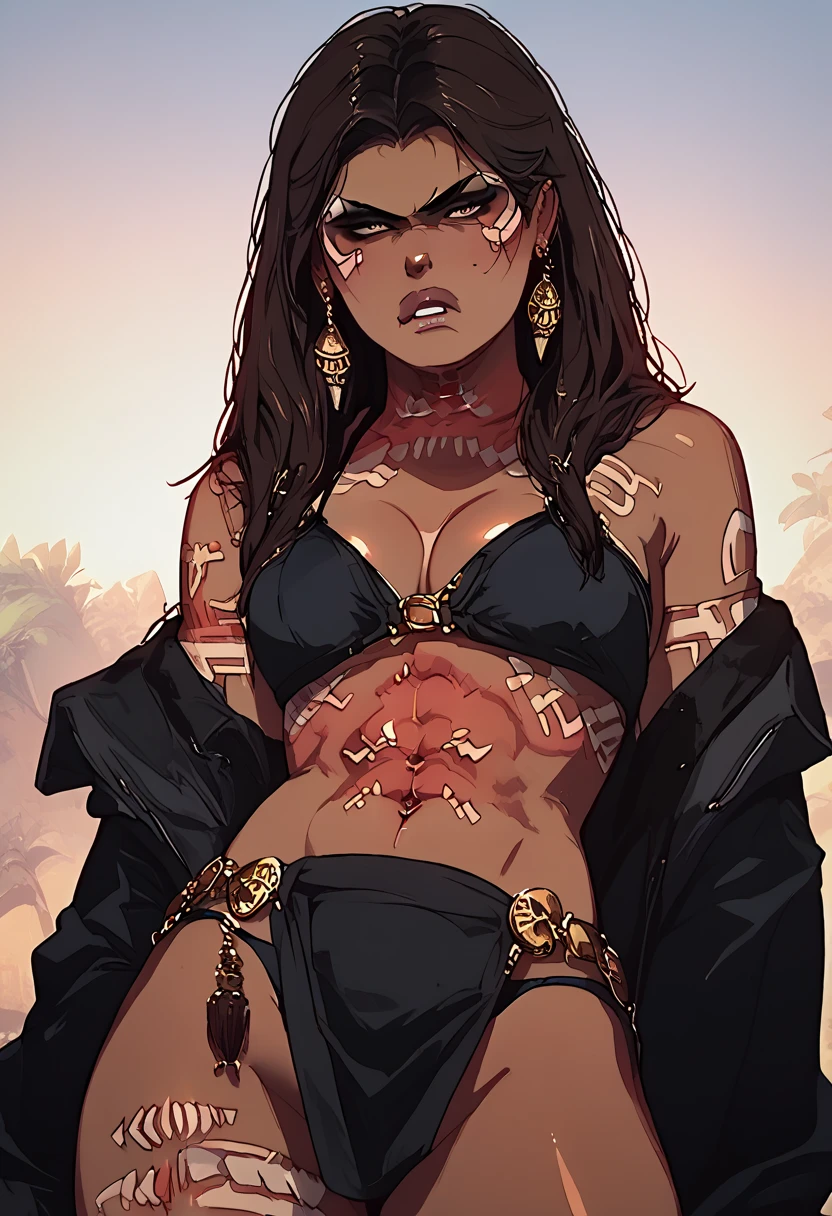 Anime Native warrior, arrogant and greedy, intimidating and sexy, black bikini, brown skin, native ancient tribal tattoos, senior Merchant