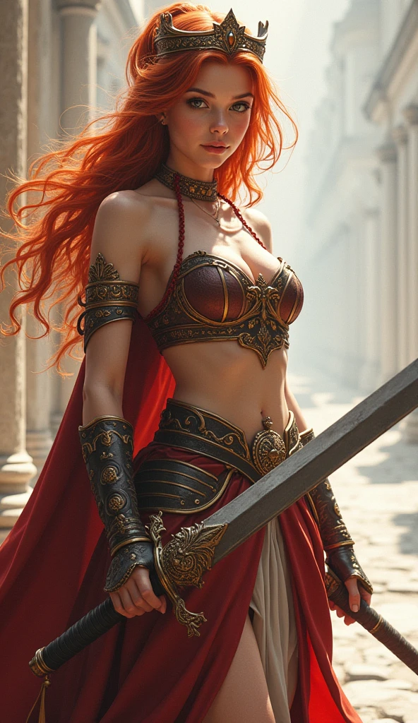 ((sfw))Red Sonja,1mulher guerreira, cabelos longos ondulados jogados ao vento, pelo ruivo, olhos verdes selvagens, Slender athletic body, wearing a bikini made of silver knit chain(escamas de peixe), Thong also made with the same type of quota, usando, botas feitas de couro envelhecido(cor marrom), wielding a long-bladed sword, bastante afiada, standing on the field of battle, guerreira imponente, invincible Red Sonja,((epic scene))((cena detalhada))((sfw)).