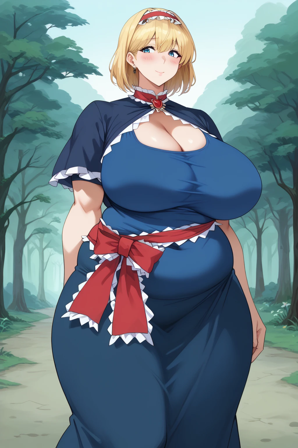  Alice Margatroyd, alice margatroid,  medium hair up to buttocks,  blonde hair ,  blue eyes, ,Red Hairband, , Frilled Headband , Red waist wrap with white frills ,　 Blue Dress ,
 white capelets ,  Blue Dress ,  Blue Long Skirt ,  score_9,   score_8_up,   score_7_up,   score_6_up,   score_5_up,   score_4_up,     masterpiece   ,   top quality,   very aesthetic,   absurd,   source_Anime, Anime screencap,   one woman , Alone,  personal  ,  super huge breasts, ((( super huge clevis, super huge , super huge boob))), Curvy,  chubby, Mature Woman,  obese body type, blush, Shy woman,  stomach flesh sticking out of clothes,　 sloppy stomach , Three-section abdomen, Plump belly,  walking through the woods ,  I'm in the dark woods, Road in the dark woods ,  in a creepy forest , I'm worried about belly fat ,  cleavage enhancement pose