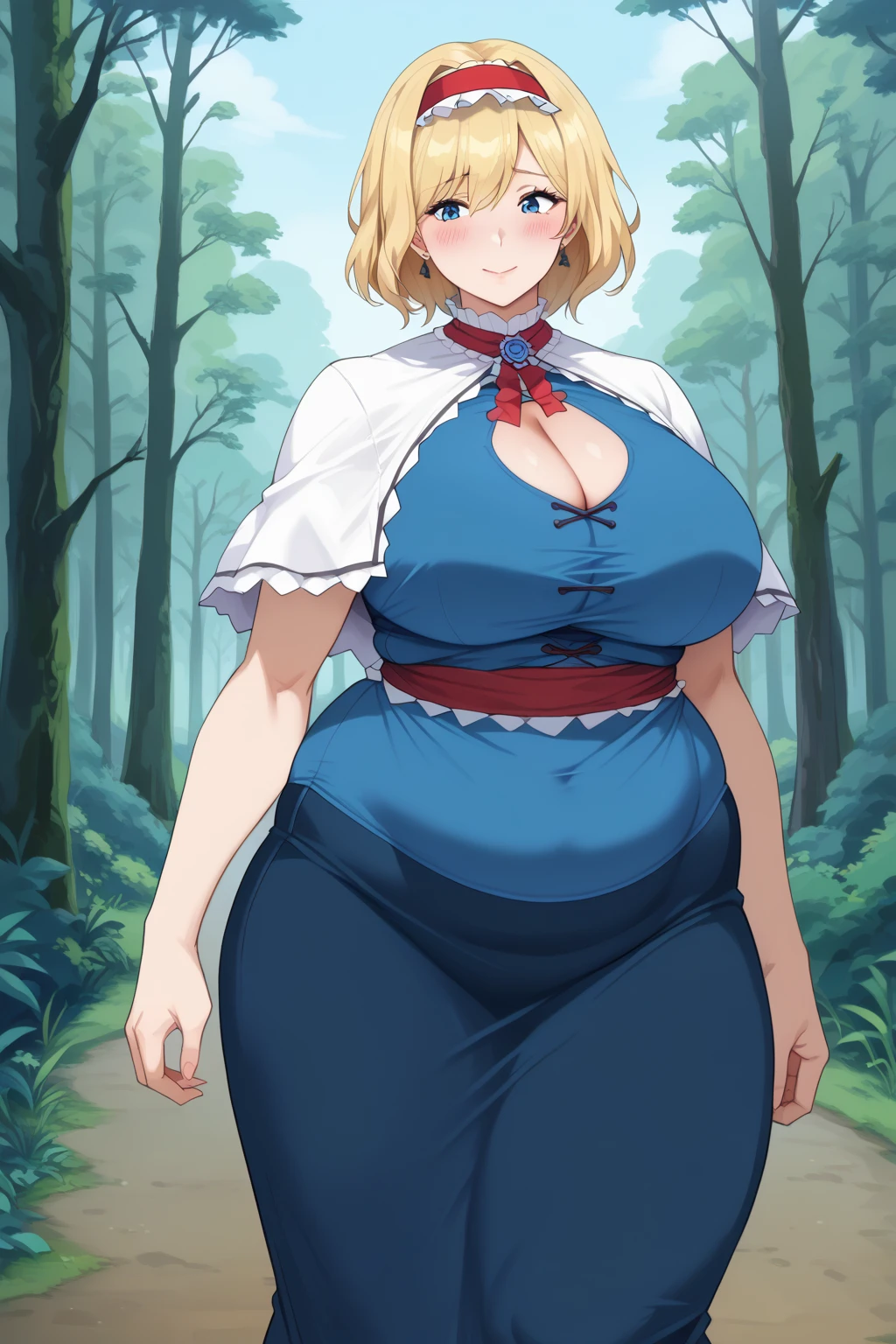  Alice Margatroyd, alice margatroid,  medium hair up to buttocks,  blonde hair ,  blue eyes, ,Red Hairband, , Frilled Headband , Red waist wrap with white frills ,　 Blue Dress ,
 white capelets ,  Blue Dress ,  Blue Long Skirt ,  score_9,   score_8_up,   score_7_up,   score_6_up,   score_5_up,   score_4_up,     masterpiece   ,   top quality,   very aesthetic,   absurd,   source_Anime, Anime screencap,   one woman , Alone,  personal  ,  super huge breasts, ((( super huge clevis, super huge , super huge boob))), Curvy,  chubby, Mature Woman,  obese body type, blush, Shy woman,  stomach flesh sticking out of clothes,　 sloppy stomach , Three-section abdomen, Plump belly,  walking through the woods ,  I'm in the dark woods, Road in the dark woods ,  in a creepy forest , I'm worried about belly fat ,  cleavage enhancement pose