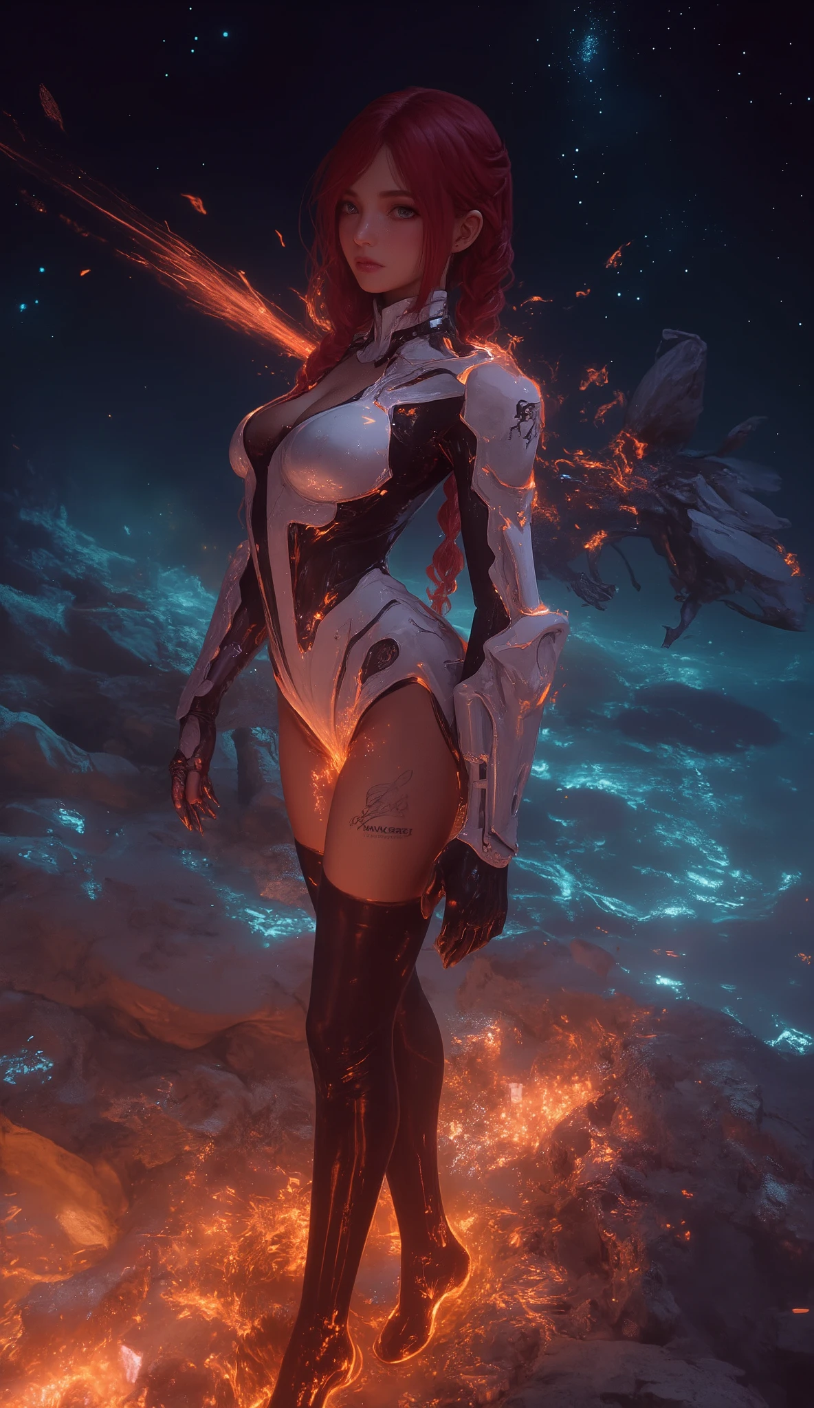 ((1 人の girlを作る **+ *********.), ( realistic ), ( masterpiece , 最 High Quality ), (one elf), ( girl1人), ( sexy), (One, bangs, red dyed hair ) (whiteい鎧サイバースカル), (long black tights and gloves)).((close-up), ( standing at full height ), ( mysterious in another dimension))_(( girl), (green:1.5, orange :1.1, white: 1.3, yellow:1.3))_((very sexy girl with dreadlocks), (Tattoo), (naked body parts), ( down jacket : 1.2), ( naked body with jacket on , T-Shirts, thong)) __))_( (Beautiful figure, Half turn **+ Year),( realistic )),((small peach colored breasts, graceful, Thin Waist , smooth waist)),(( long double braids ),( sticky braids ),( braid hair), ( dark haired) ),(( red lips)), ((smile)))_ ((((shiny skin:1.5, white skin, 肌がwhiteい: 1.5)),(( sexy), (cute ))_((fractal, flower, leaf, fog, Yuri, circle background))_(( chiaroscuro , Contrast, warm-cold), (Atmospheric Visualization), (最 High Quality ), (virtual realism))_))) _((( Digital Painting , anime style, Cyberpunk), (最 High Quality , 4K, high definition , masterpiece : 1.2)),(( Ultra Details )),(( realistic , photo realistic , photo realistic : 1.37)))_(( ( Soft Clear Shapes , A bold touch , attention to detail)))_((( High Quality , 16k | | Full HD))). ( High Quality , super detailed, Hands carefully )Sagittarius goddess , just like how good is in Latin . Optimistic , Fair, 面whiteくて知的な顔 . reckless, Ruthless, impatient, Overconfident style . dark blue eyes (Eye details) , deep blue hair with sparkle , see-through dress , In the sea of shining stars , whole body , fire makeup look , God Chiron