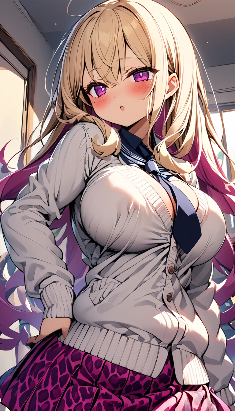  1 girl in uniform　 pretty girl 　 anime style　Anime Face　 anime style　Beauty　Busty　 plump breasts 　 the jacket is a white cardigan　Black color pleated skirt　レース付きの濃い桃色赤紫色で豹柄のTback　Very small panties　Very thin panties　Blonde hair　 straight hair　 long hair　 slender 　 big boobs　 low angle　 skirt raised　 panties are fully visible 　 super dark pink fuchsia leopard print Ｔback パンティー全部まる見え　Small and sexy Ｔback　 room at home with lots of clothes