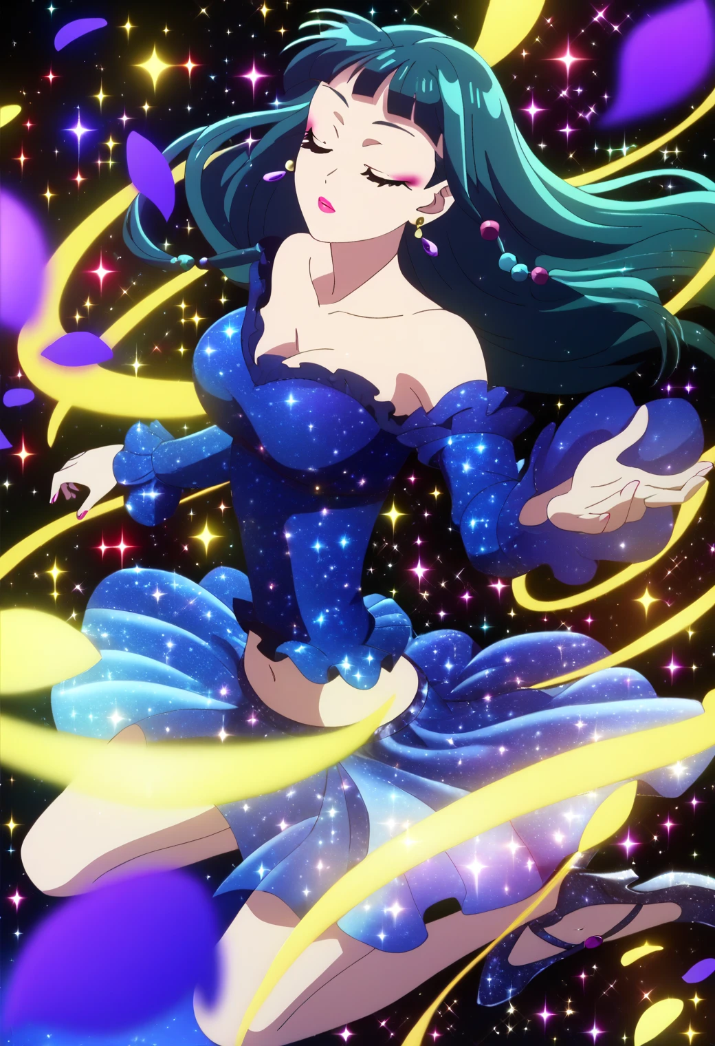 1girl, maomao, solo, green hair, long hair, blue eyes, BREAK
maomao, solo, sparkling dress, blue dress, closed eyes, earrings, full body, floating hair, floating clothes, sparkle background, starry background, midriff, collarbone, sparkling footwear, layered dress, petals, falling petals, jewelry, long sleeves, sidelocks, blunt bangs, straight hair, hair beads, purple earrings, star earrings, glint, sparkle, partially bare shoulders, lipstick, makeup, pink mascara, pink eyeliner, BREAK
score_9, score_8_up, score_7_up, score_6_up, score_5_up, score_4_up, anime, BREAK, (high quality, detailed, beautiful), shiny, detailed beautiful eyes, outstanding, countershading, detailed soft lighting, exposed breasts, big breasts, huge breasts 