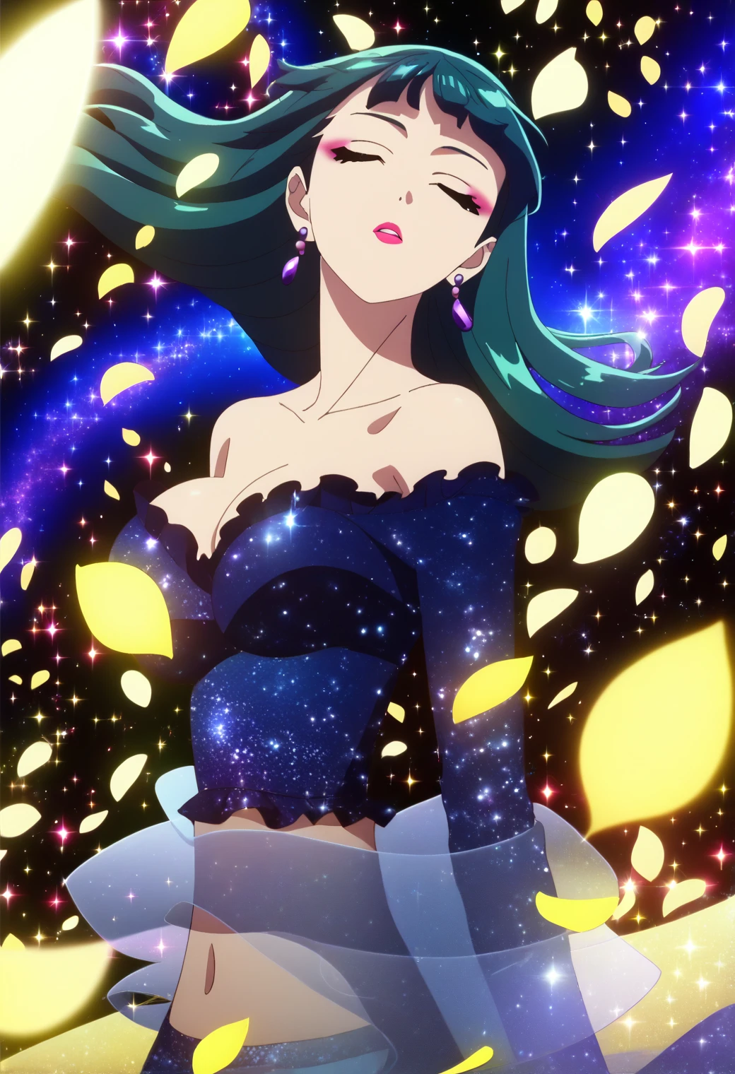 1girl, maomao, solo, green hair, long hair, blue eyes, BREAK
maomao, solo, sparkling dress, blue dress, closed eyes, earrings, full body, floating hair, floating clothes, sparkle background, starry background, midriff, collarbone, sparkling footwear, layered dress, petals, falling petals, jewelry, long sleeves, sidelocks, blunt bangs, straight hair, hair beads, purple earrings, star earrings, glint, sparkle, partially bare shoulders, lipstick, makeup, pink mascara, pink eyeliner, BREAK
score_9, score_8_up, score_7_up, score_6_up, score_5_up, score_4_up, anime, BREAK, (high quality, detailed, beautiful), shiny, detailed beautiful eyes, outstanding, countershading, detailed soft lighting, exposed breasts, big breasts, huge breasts 