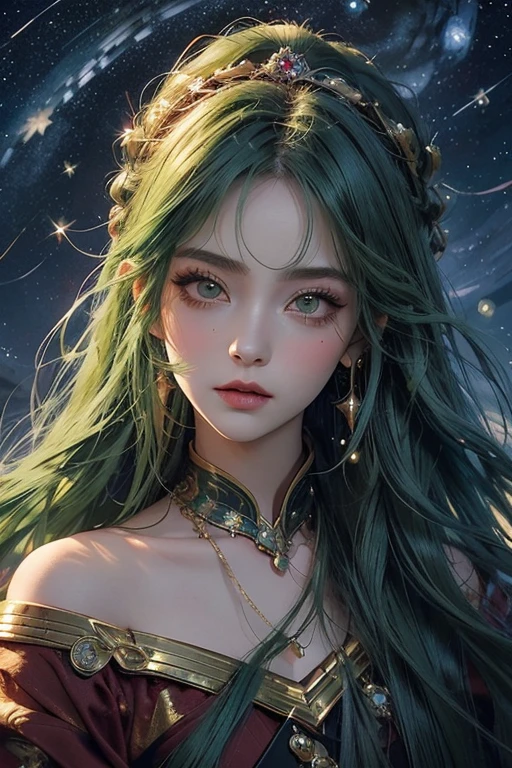 2D, (Best quality, masterpiece), anime, Highly detailed face, very detailed eyes, very detailed background, perfect lighting, whole body, 1 girl, One, Cat's ears, ears are not visible, space, Earth \(planet\), платье space, green eyes, Finely detailed eyes,