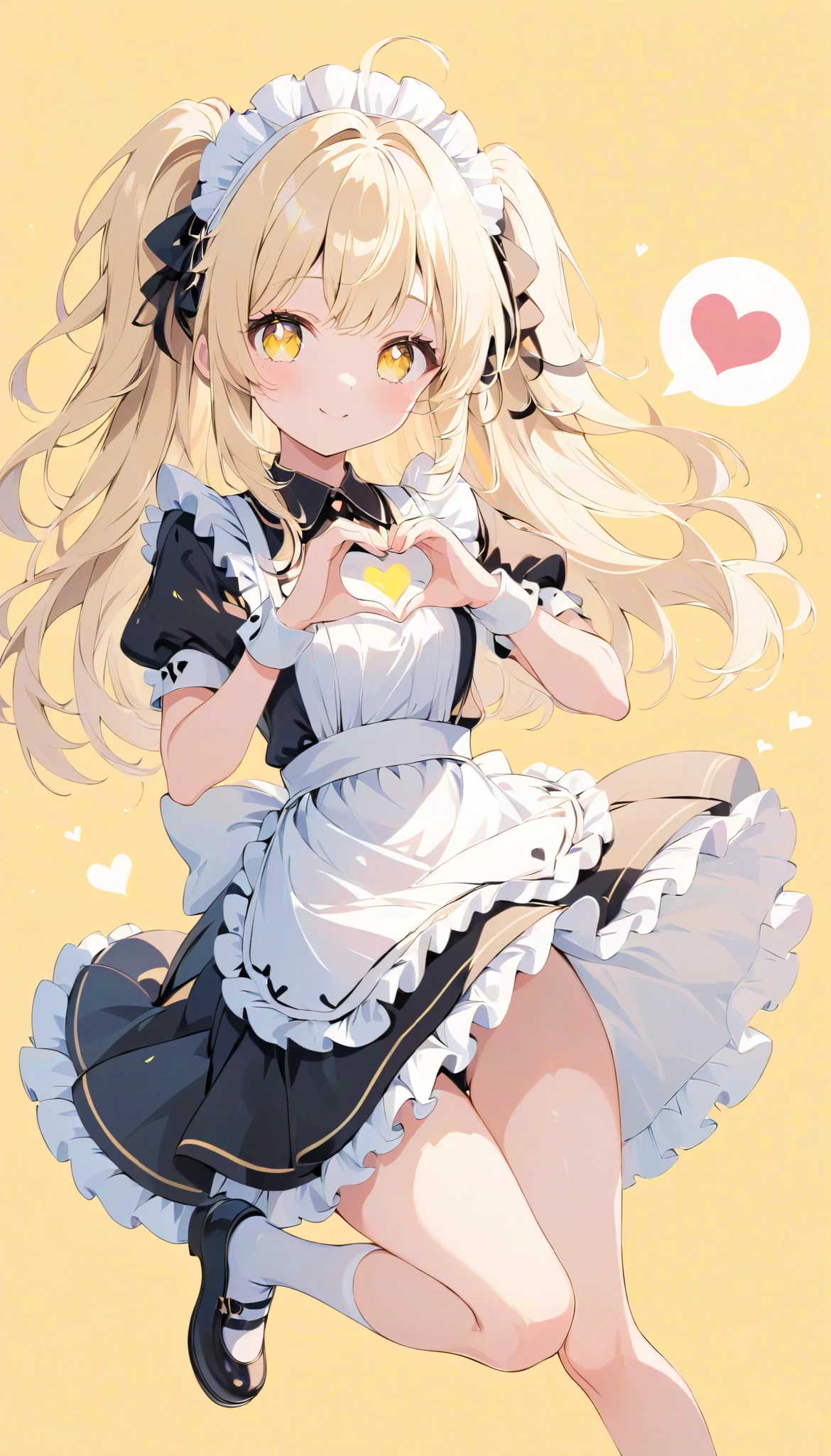  high definition ,  medium chest , heart hands, leg up, happy, spoken heart, blonde hair, two side up, star-shaped pupils,  eyes symbol ,  cute background, Light Yellow Background,  anime style, whole body, maid