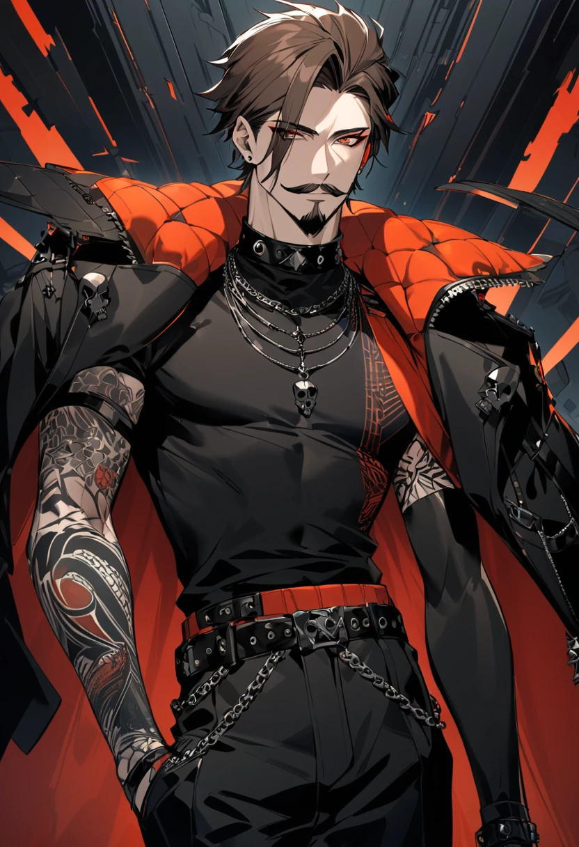 Boy, semi-short hair, two-tone red and black hair, tall, thin, red eyes, leather jacket, chains, earrings, A cool guy, Black and red, parted black and red hair, black and red leather jacket