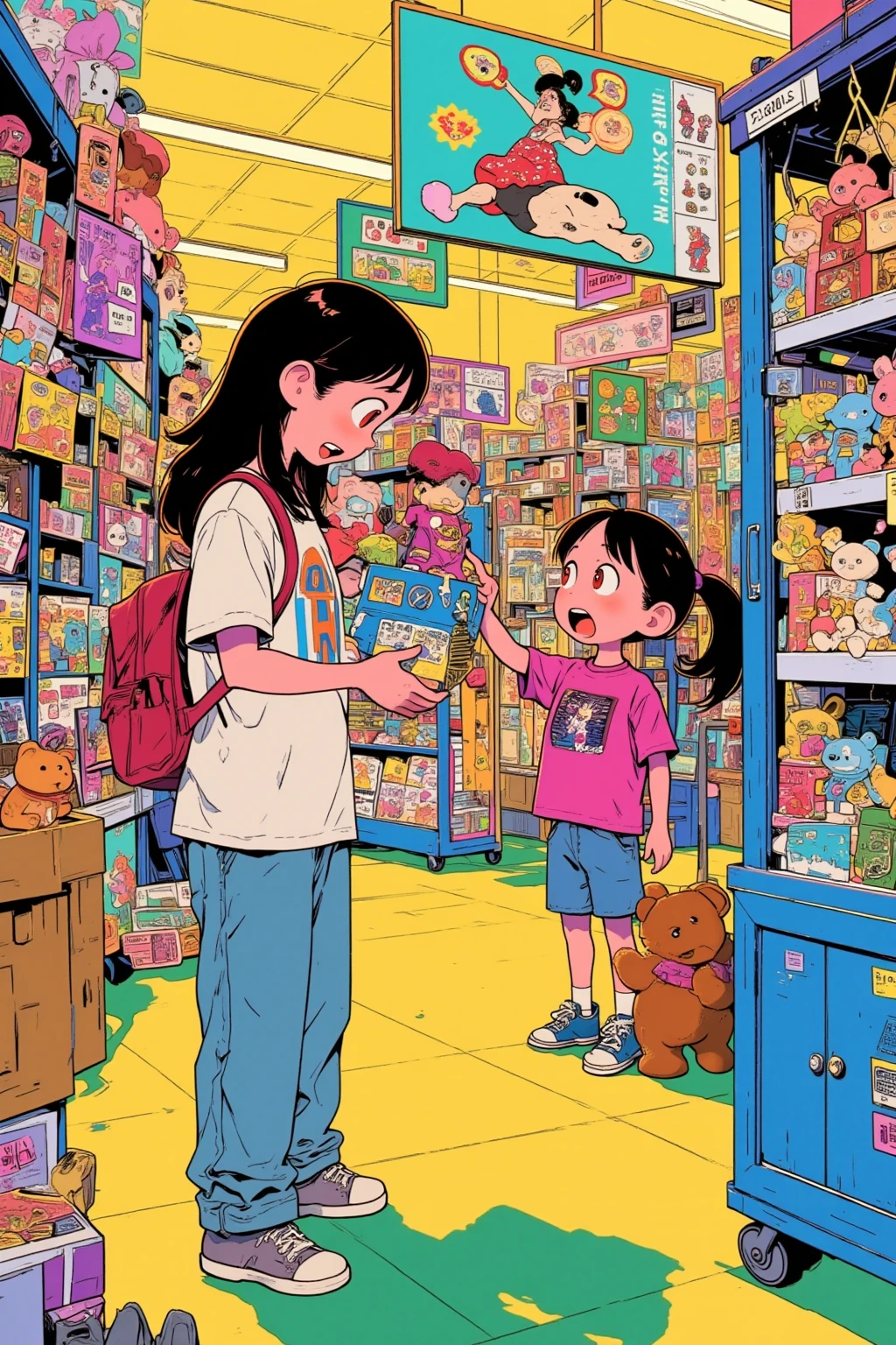   cartoon of a girl taking a toy store doll out of the box, The store manager and the girl are surprised , Stuffed Toy Art  , teddy bear, Toy Machine  , Chill Hop,  album art,   Art Depicting Pop Horror  , サイケデリックヒップホップ album art ,   promotional art , Product doll out of the box 