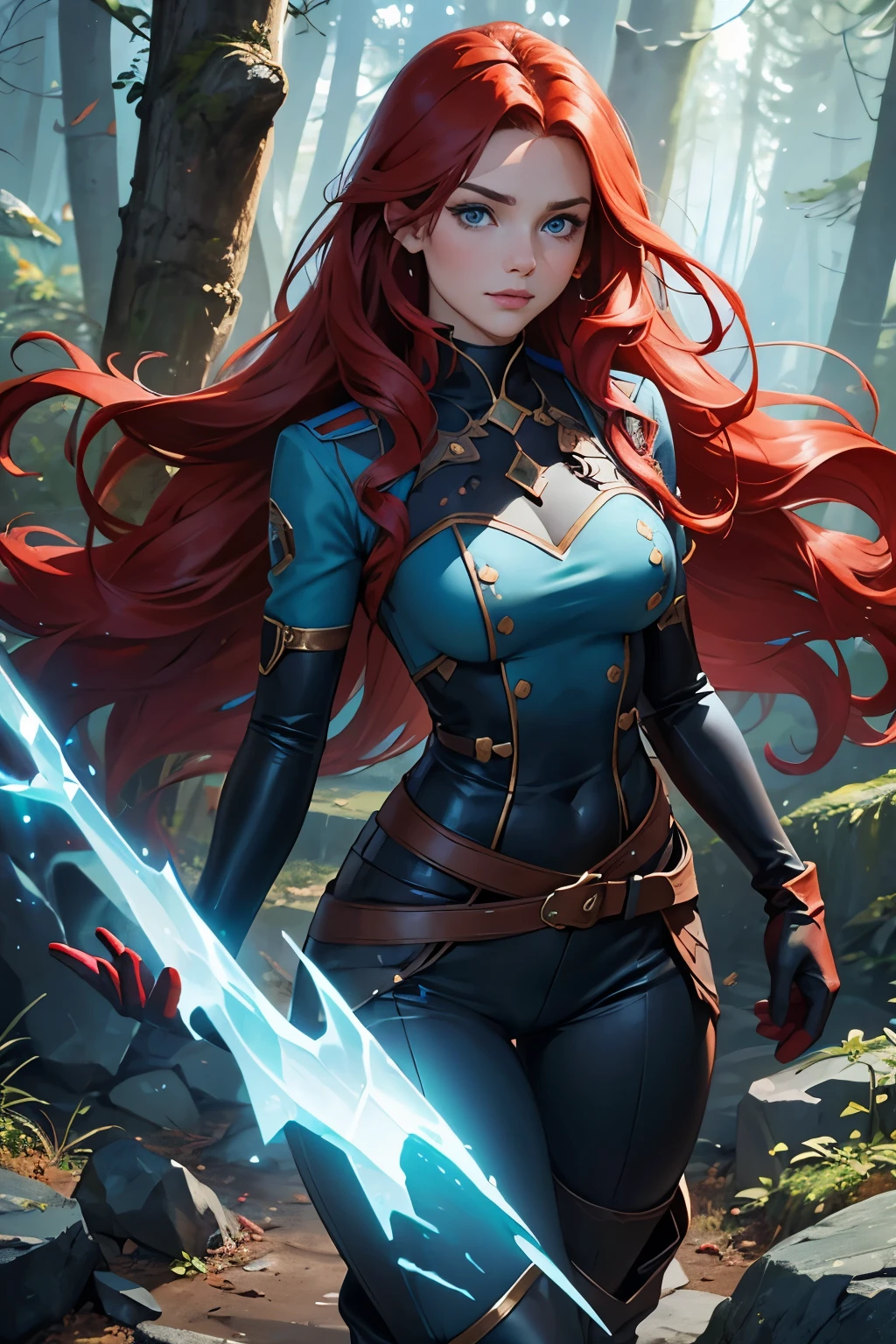 Sylara Stormblade, a tall woman with bright red hair and blue eyes, wearing elegant mithril armor with golden details, tight black leather pants with metallic segments, a sturdy belt with multiple compartments and pouches for storing items and a scabbard for her sword, knee-high leather boots, with shin and ankle reinforcement, in golden details, anime style, standing in a forest, wearing gauntlets and a red cape, in the snow, showing her whole body in an action pose.