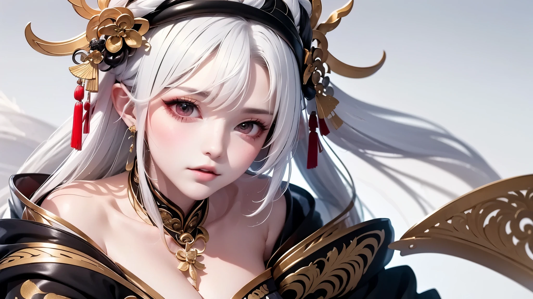 super high quality, masterpiece, Perfect illustration, Very detailed:1.6, 1girl, 23 years old, cute girl, white hair, sharp and big beautiful eyes, medium breasts, bright skin. fantasy royalty, onmyoji, majesty, asian dress. black and gold clothes. simple background, white background. hanbok、Chinese royal clothing、Chinese samurai
